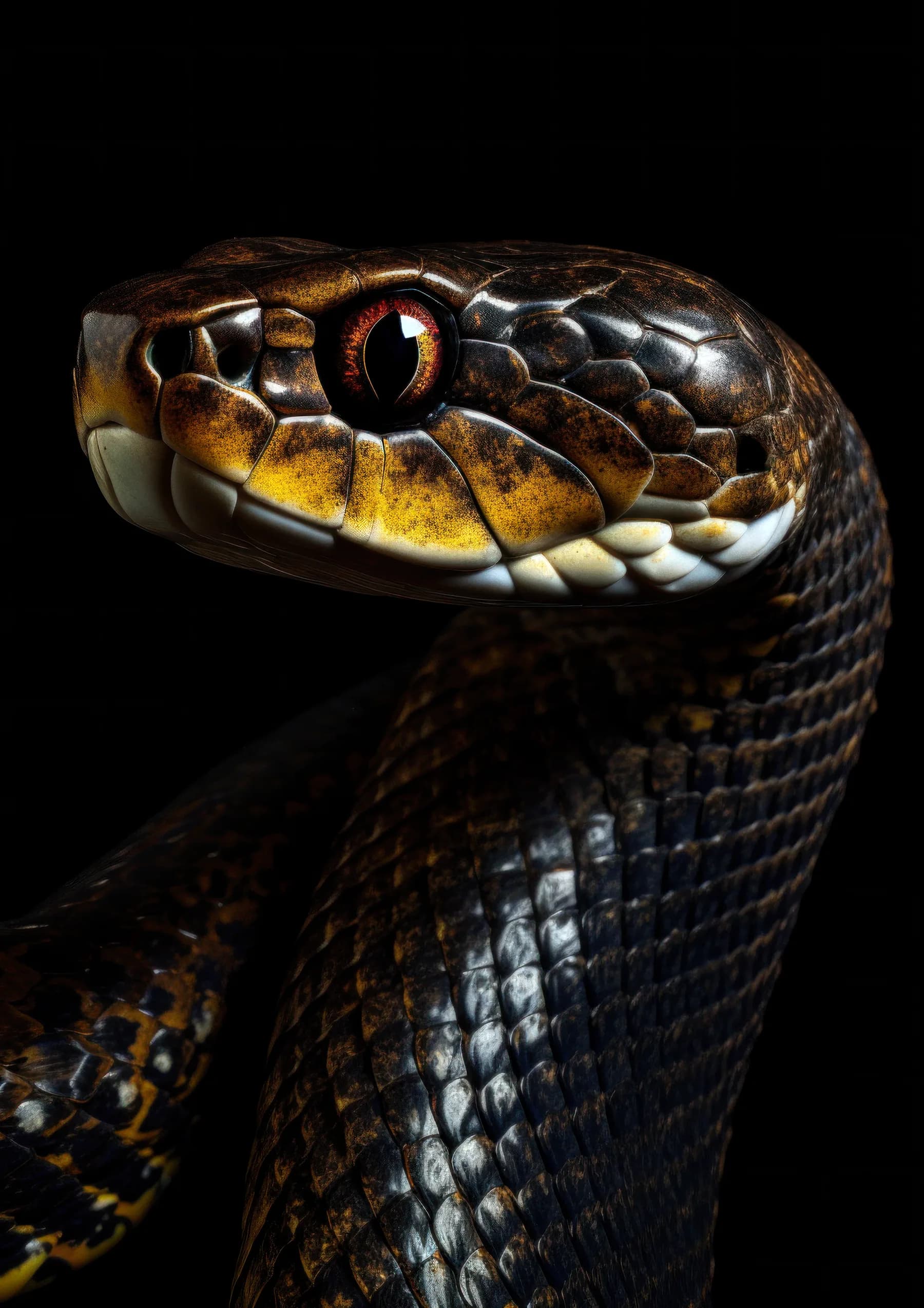 Serpiente de ojos rojos y escamas doradas