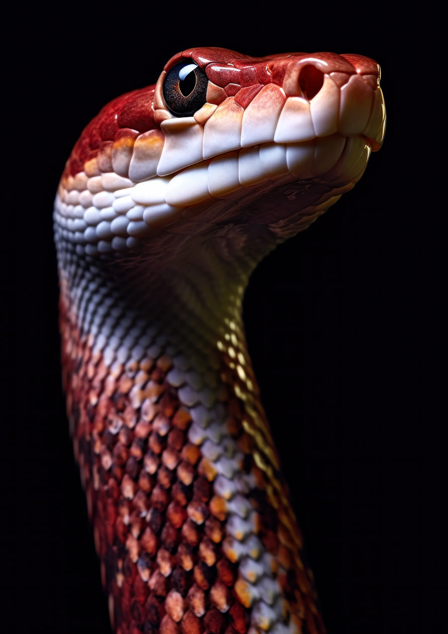 Serpiente roja y blanca de mirada alerta