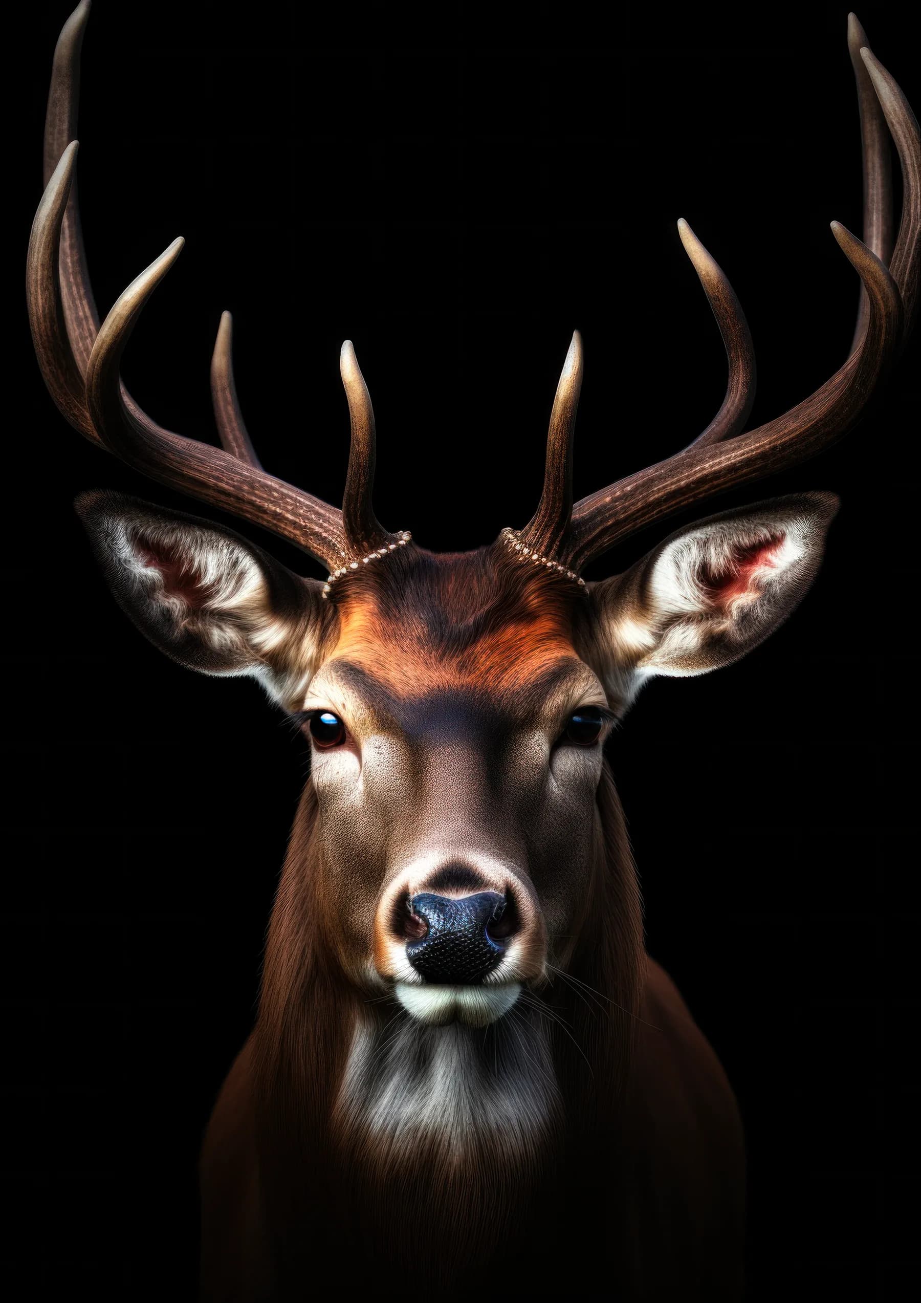 Venado con cornamenta y collar de piel blanca