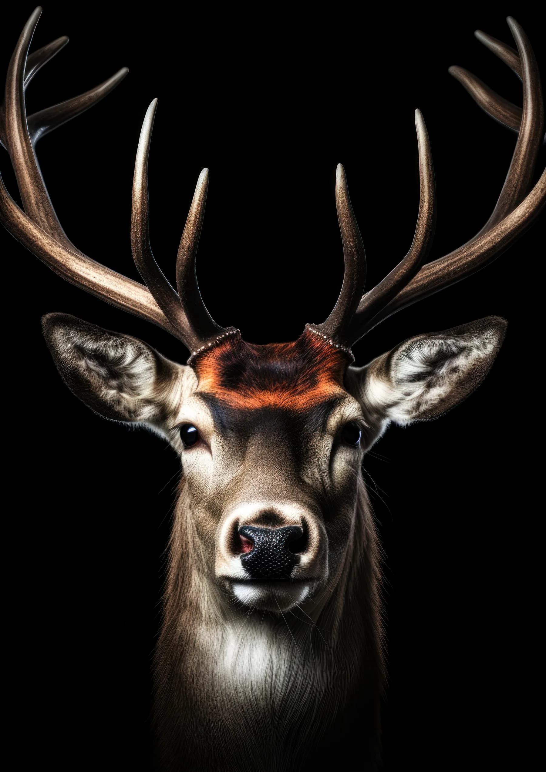 Venado con cornamenta ramificada y frente naranja