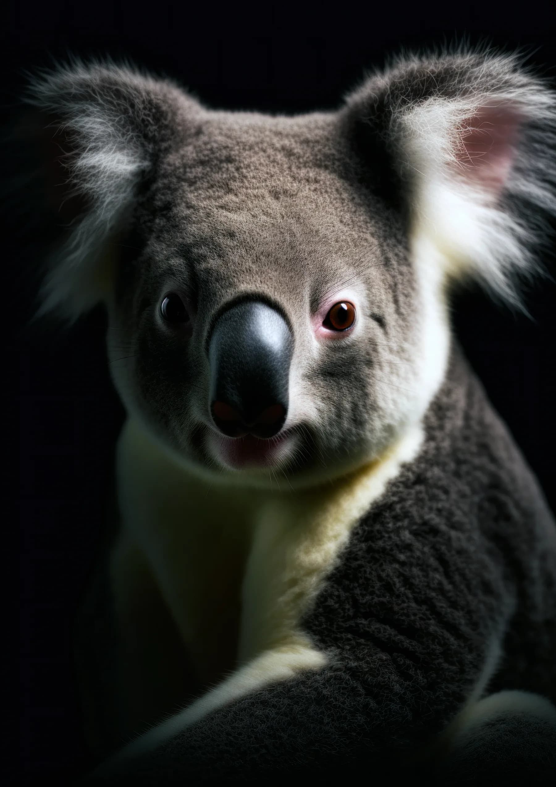 Koala con ojos rojizos y pelaje suave
