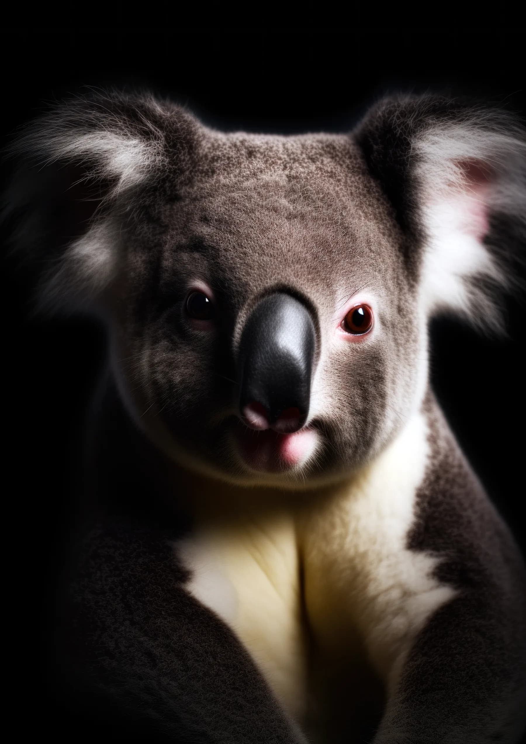 Koala con ojos rojizos y nariz negra