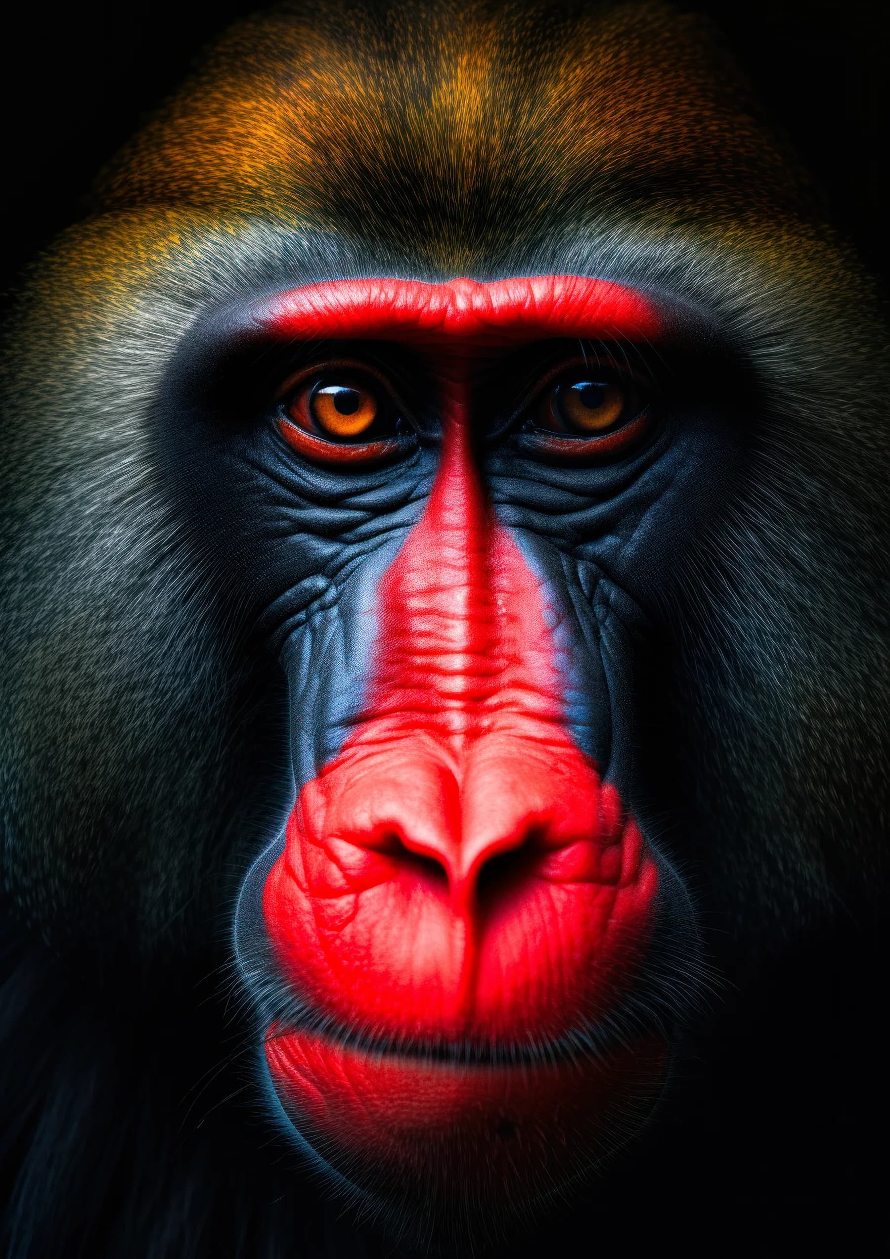 Mandril de mirada seria y colores vivos