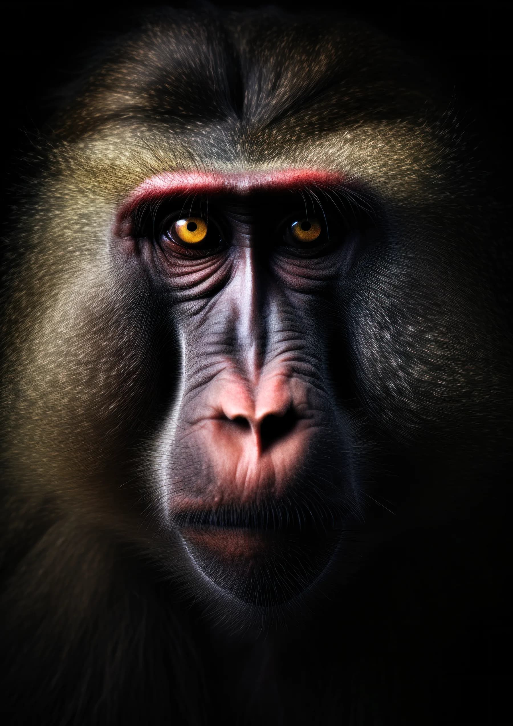 Mandril de mirada seria con cejas rojas