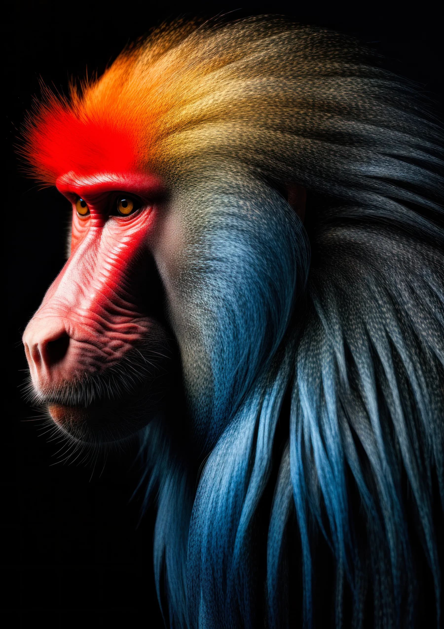 Mandril de perfil con melena azul