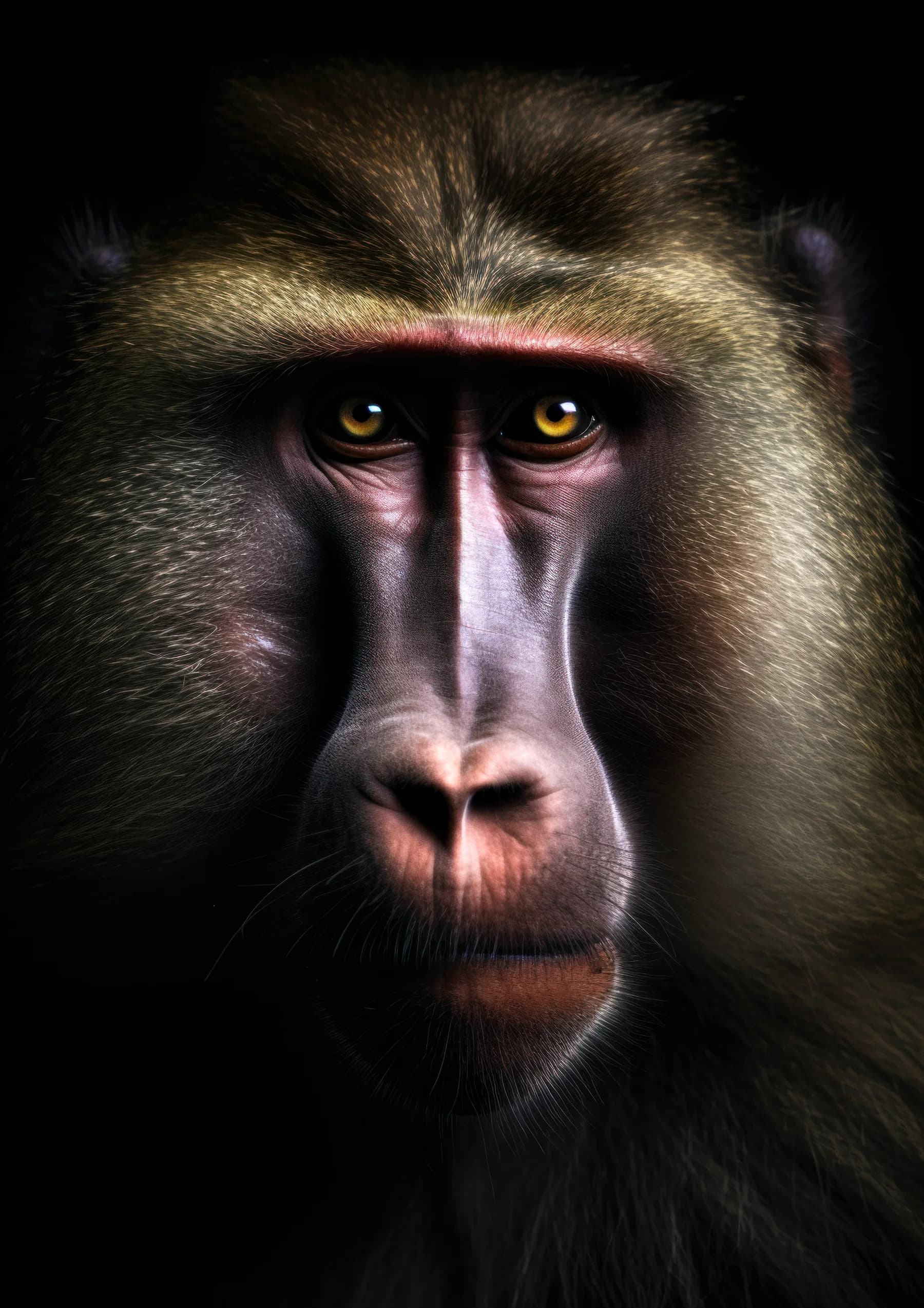 Mandril de mirada frontal con cejas rojas