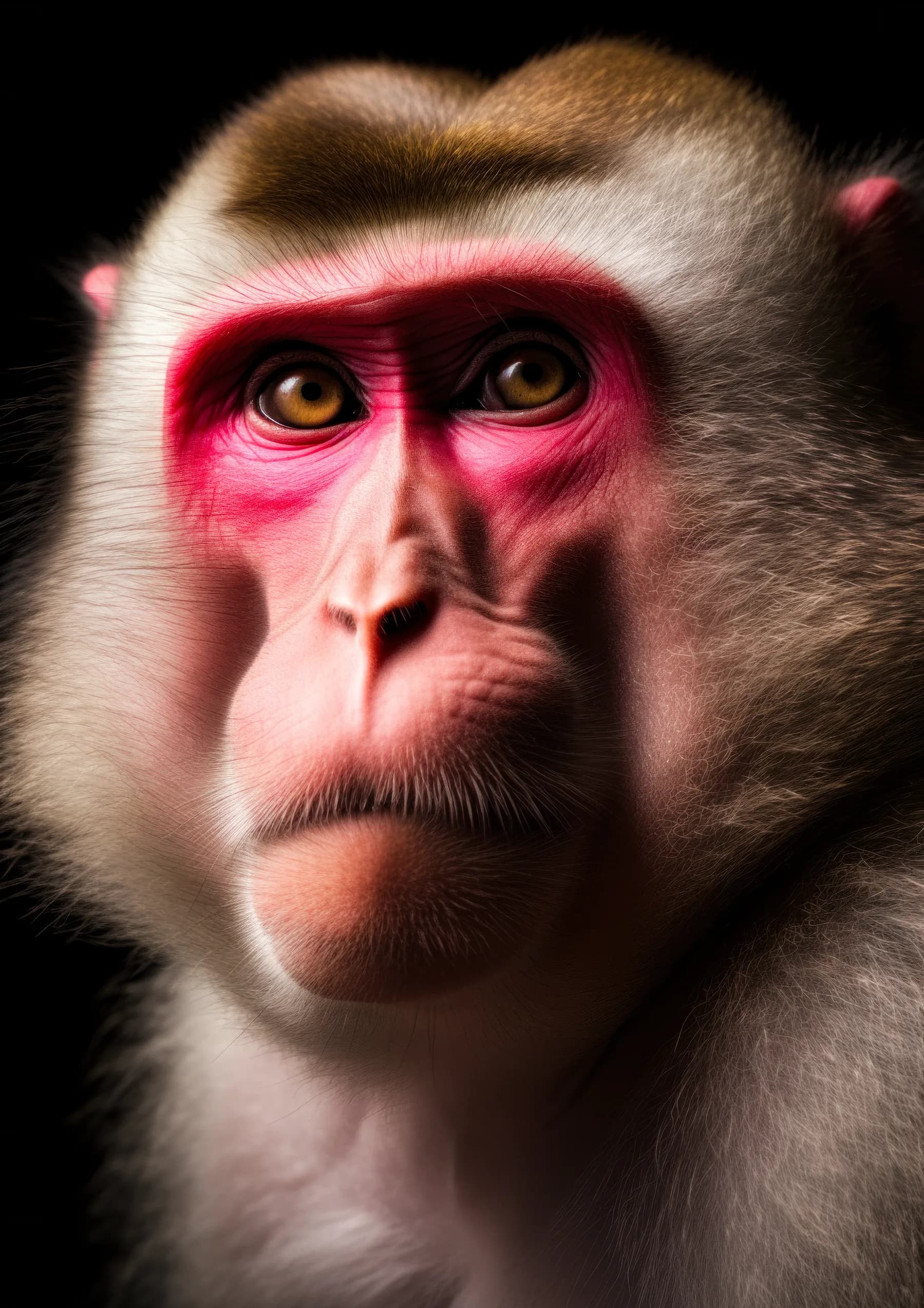 Macaco de cara rosada y ojos color miel