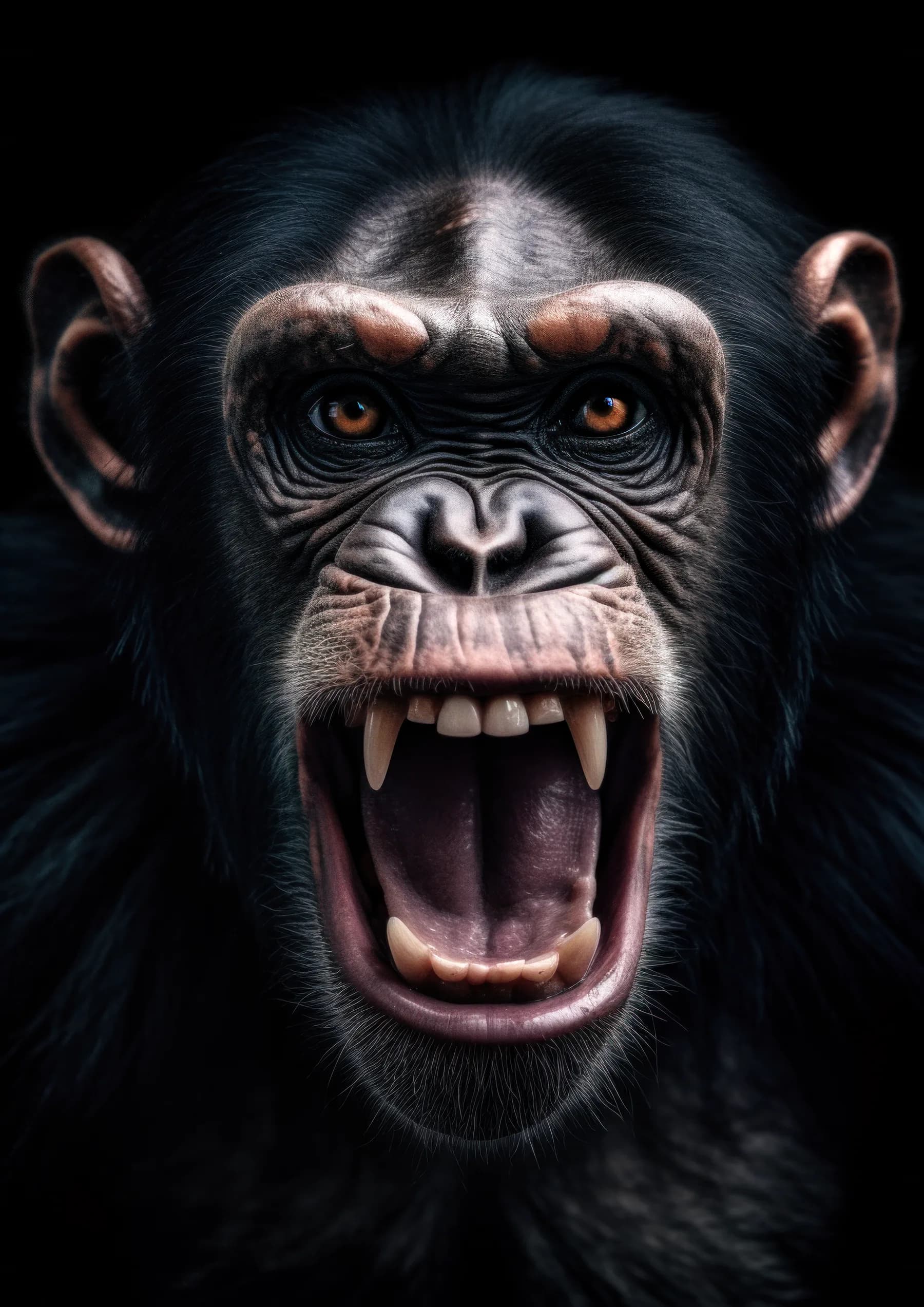 Chimpance rugiendo con colmillos