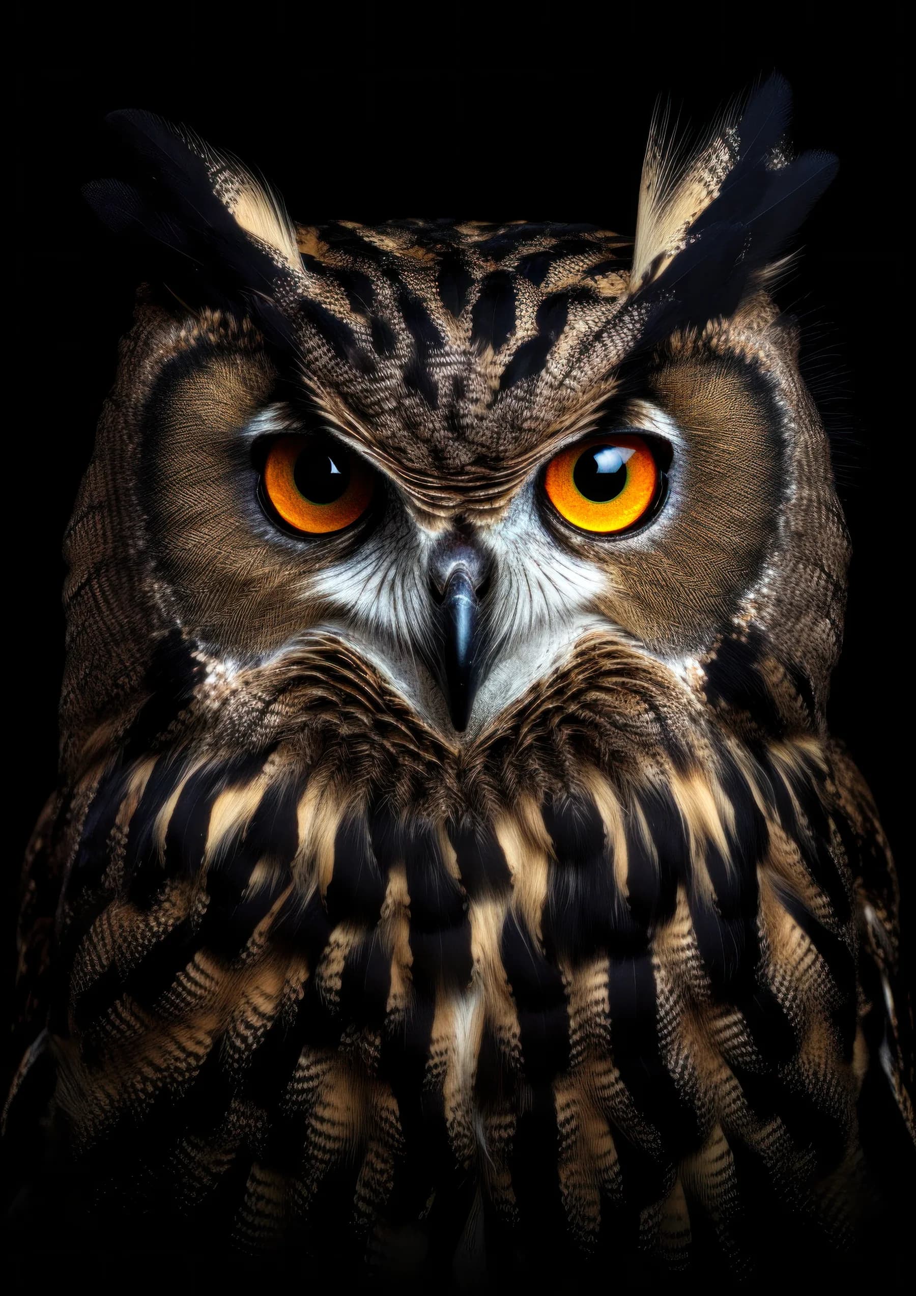Buho de ojos naranjas y plumas oscuras