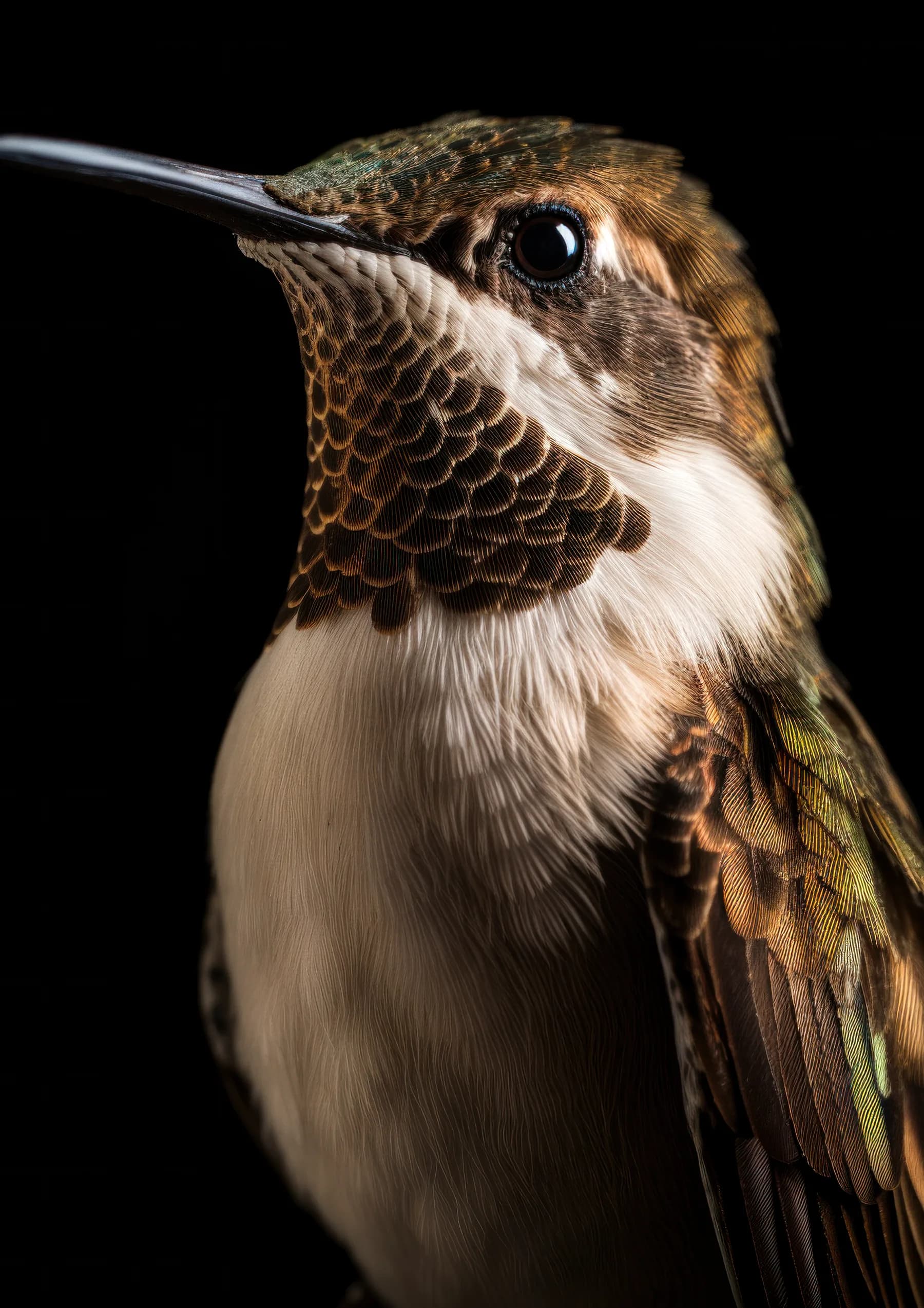 Colibri de pico largo y plumaje verde y cafe
