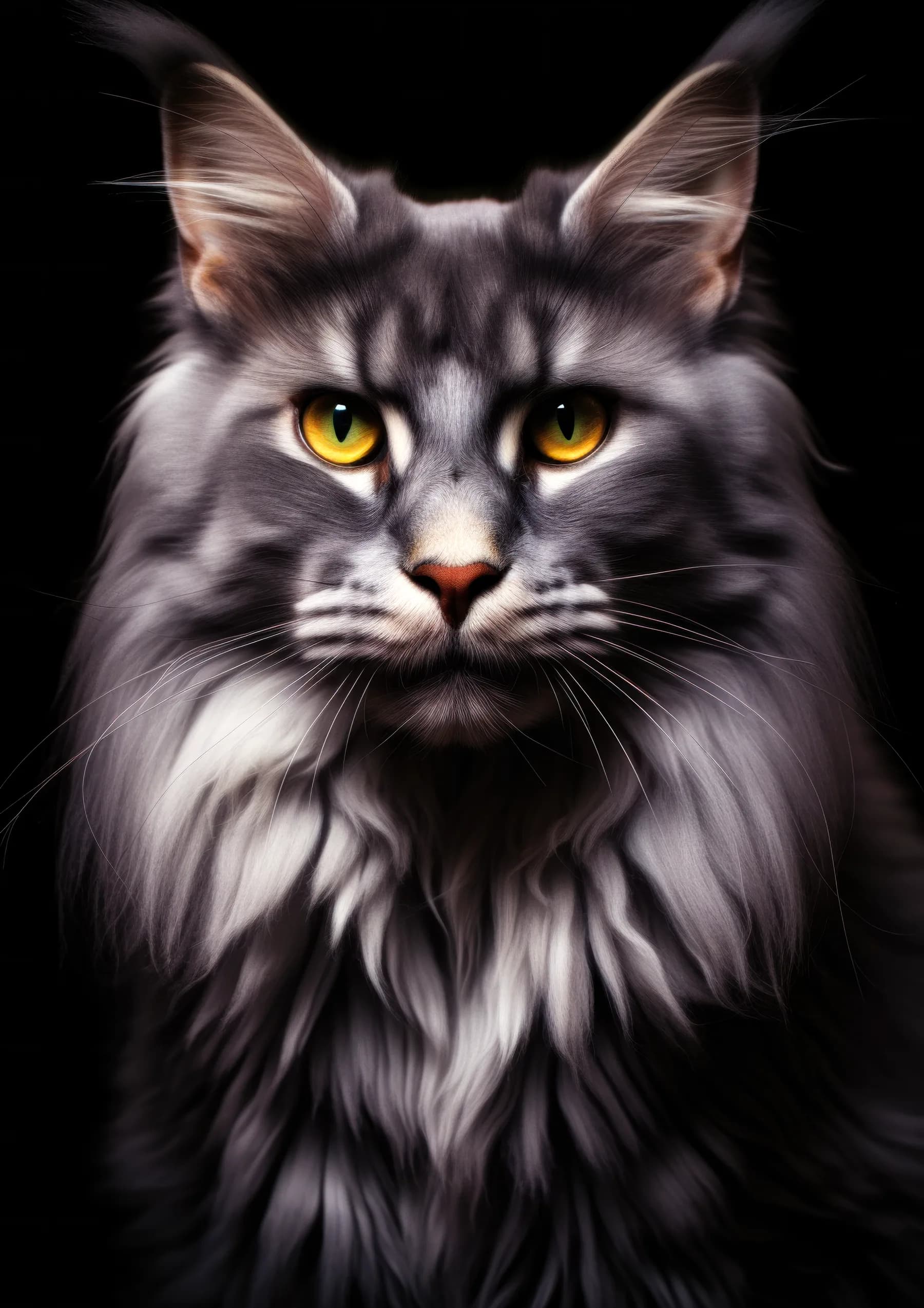 Gato gris de pelaje largo y ojos dorados