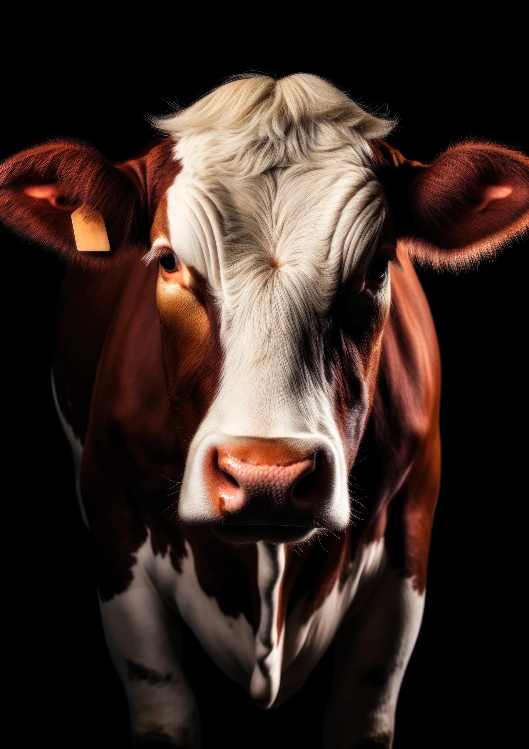 Toro rojo y blanco con cuernos curvos