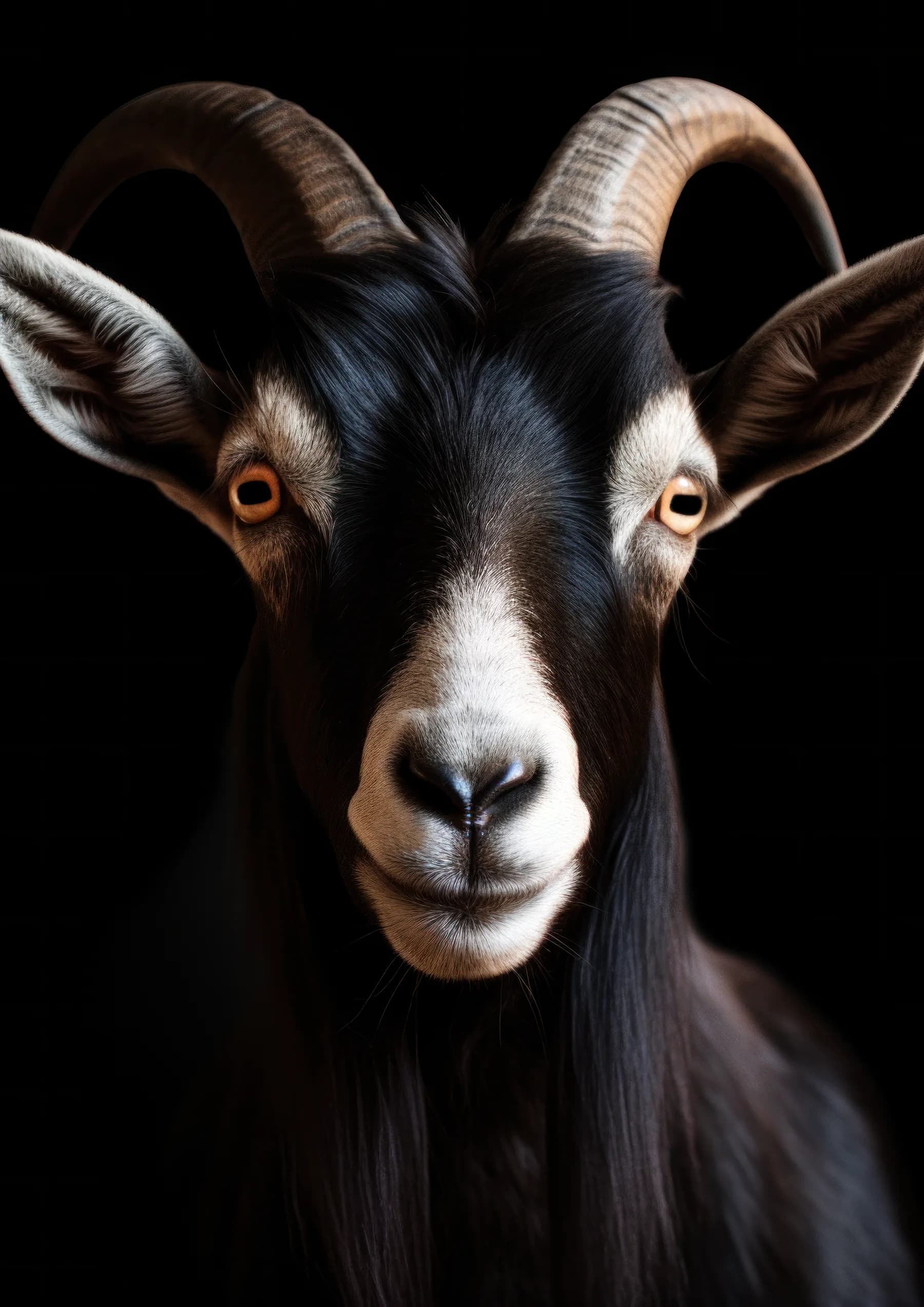 Cabra blanca y negra de ojos dorados