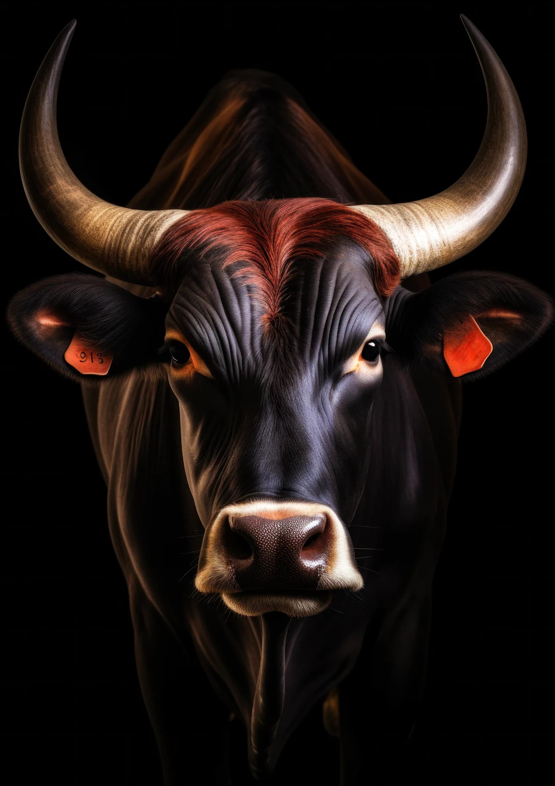 Toro negro con marca roja en la frente