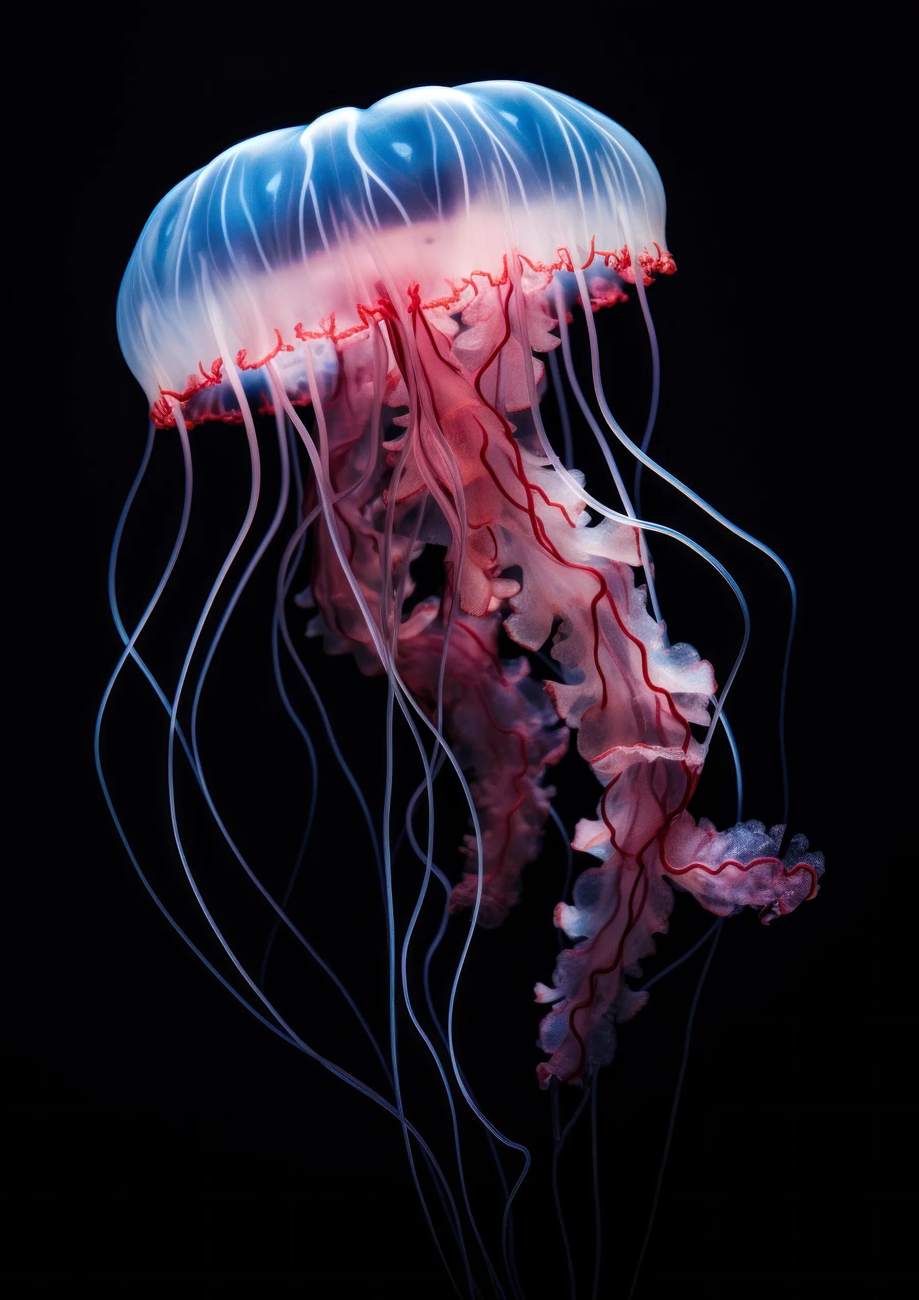 Medusa azul y rosada de tentaculos delgados