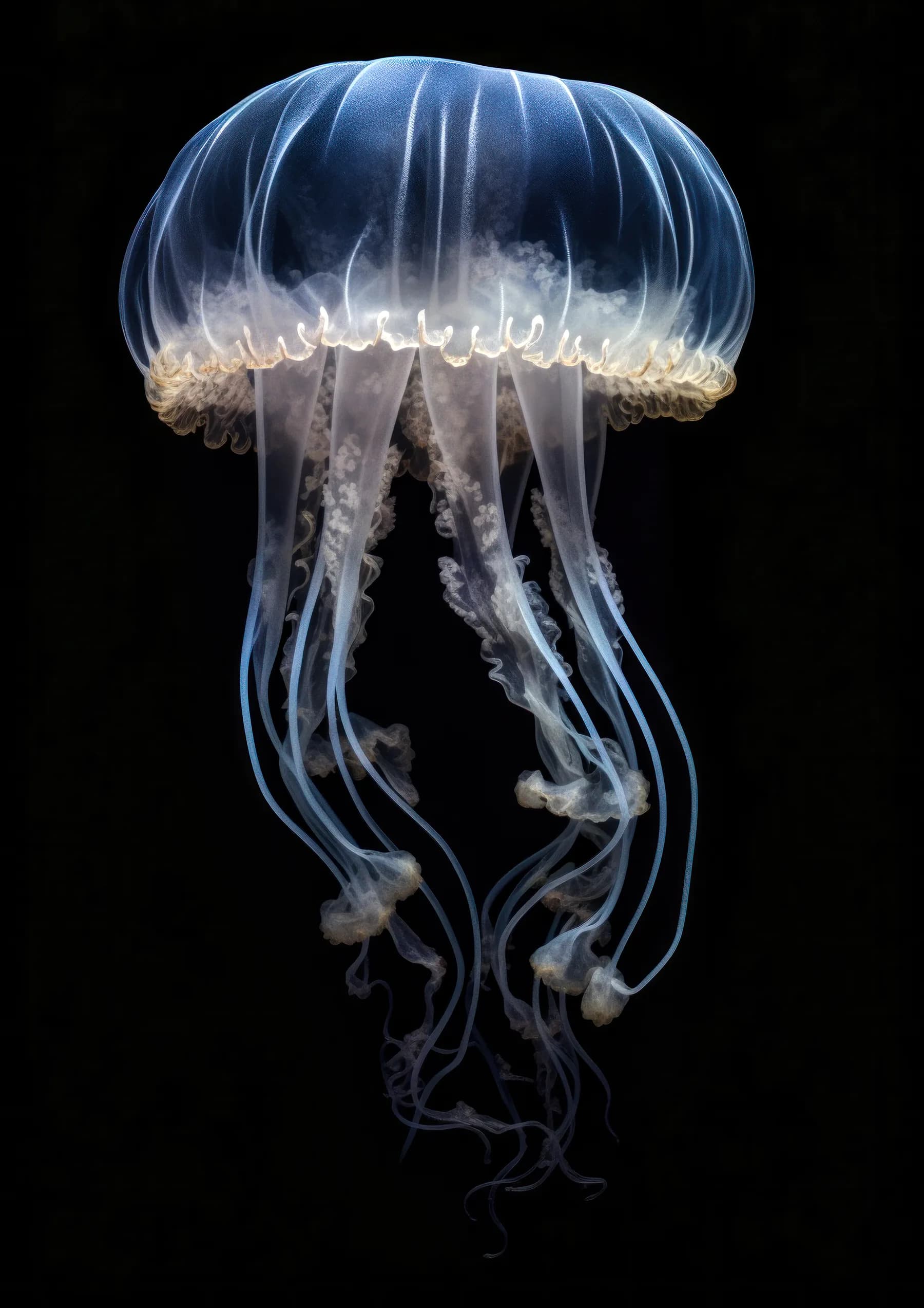 Medusa blanca y azul de tentaculos cortos