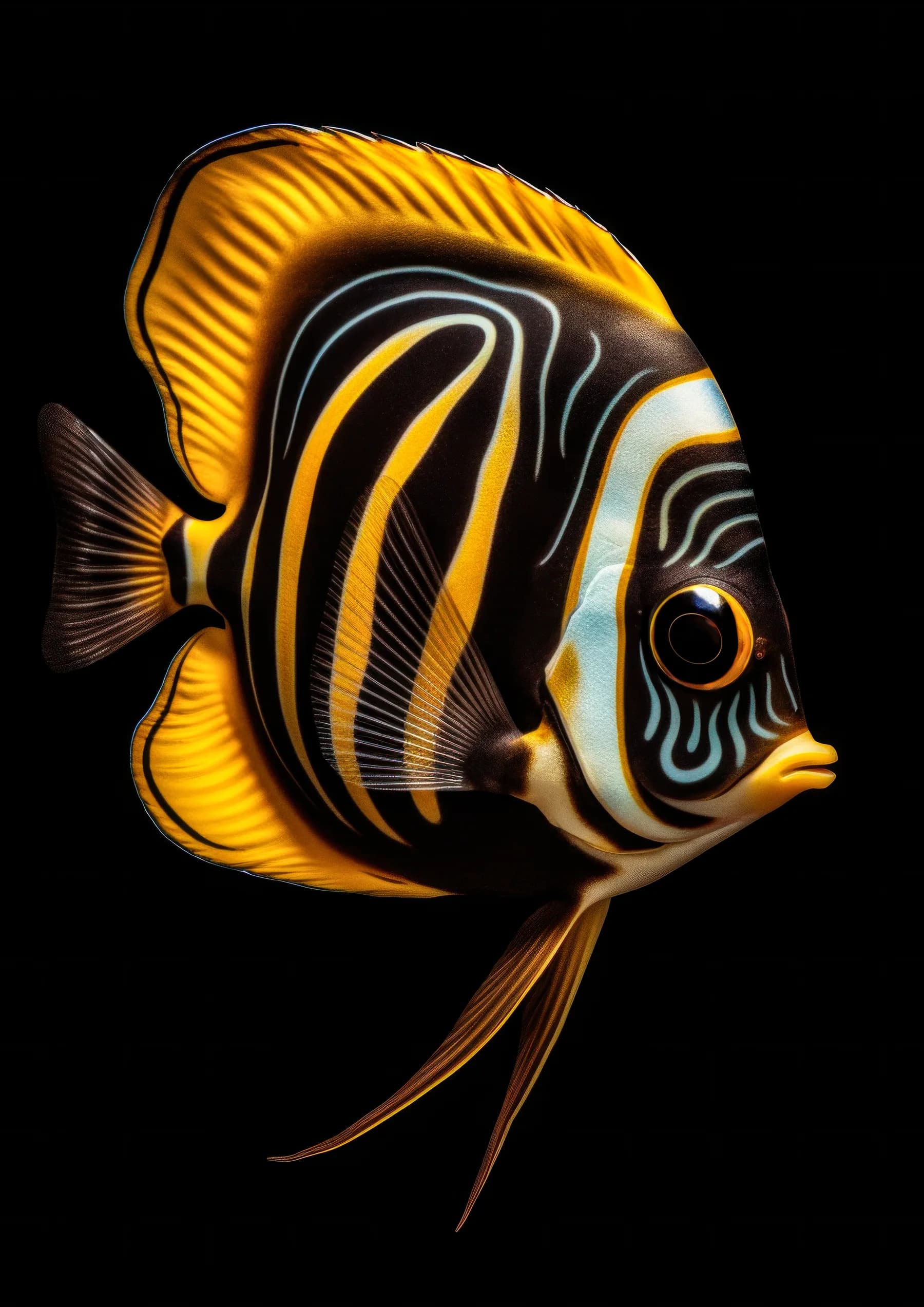 Pez mariposa amarillo de rayas negras
