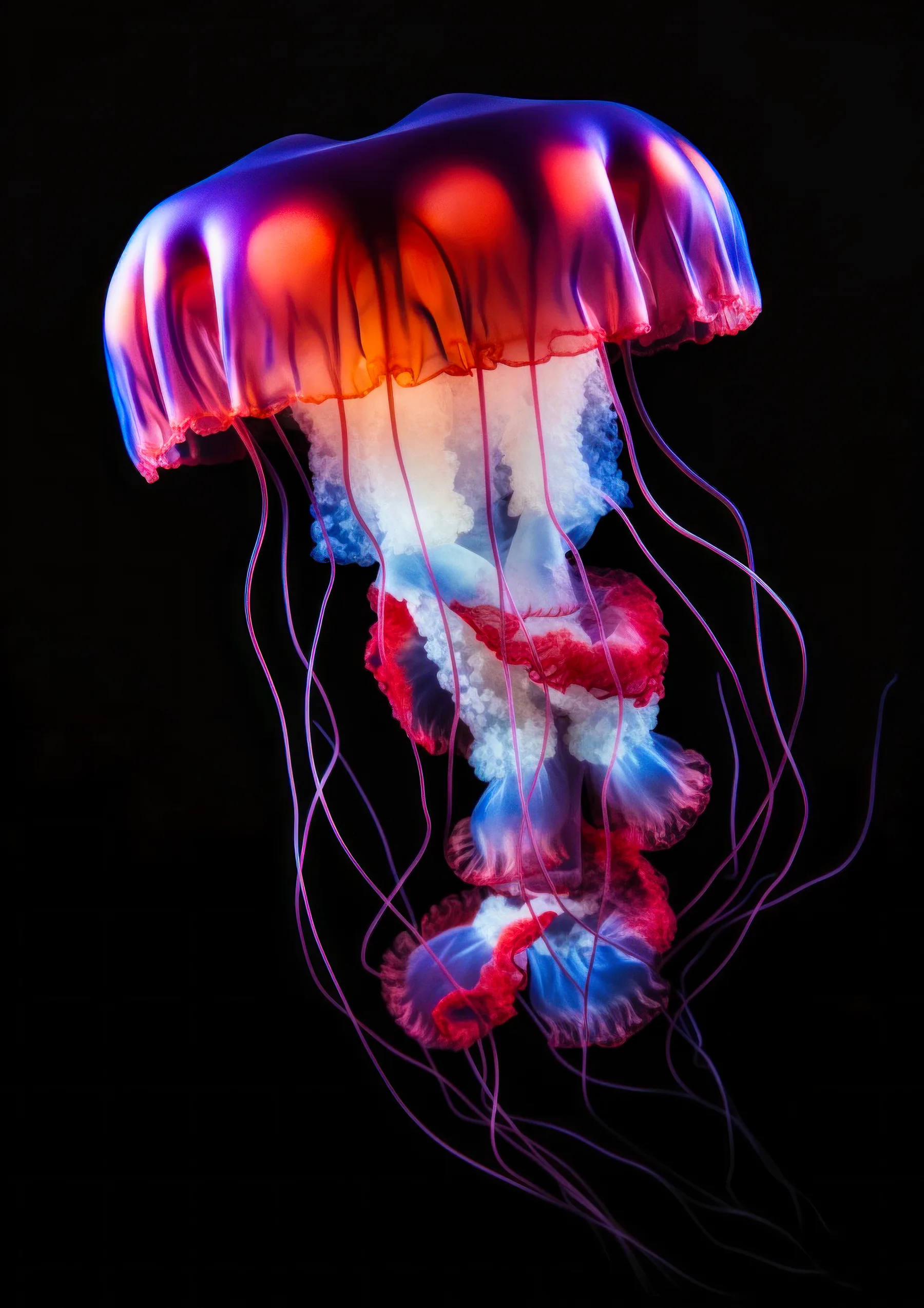 Medusa roja naranja y azul de tentaculos largos