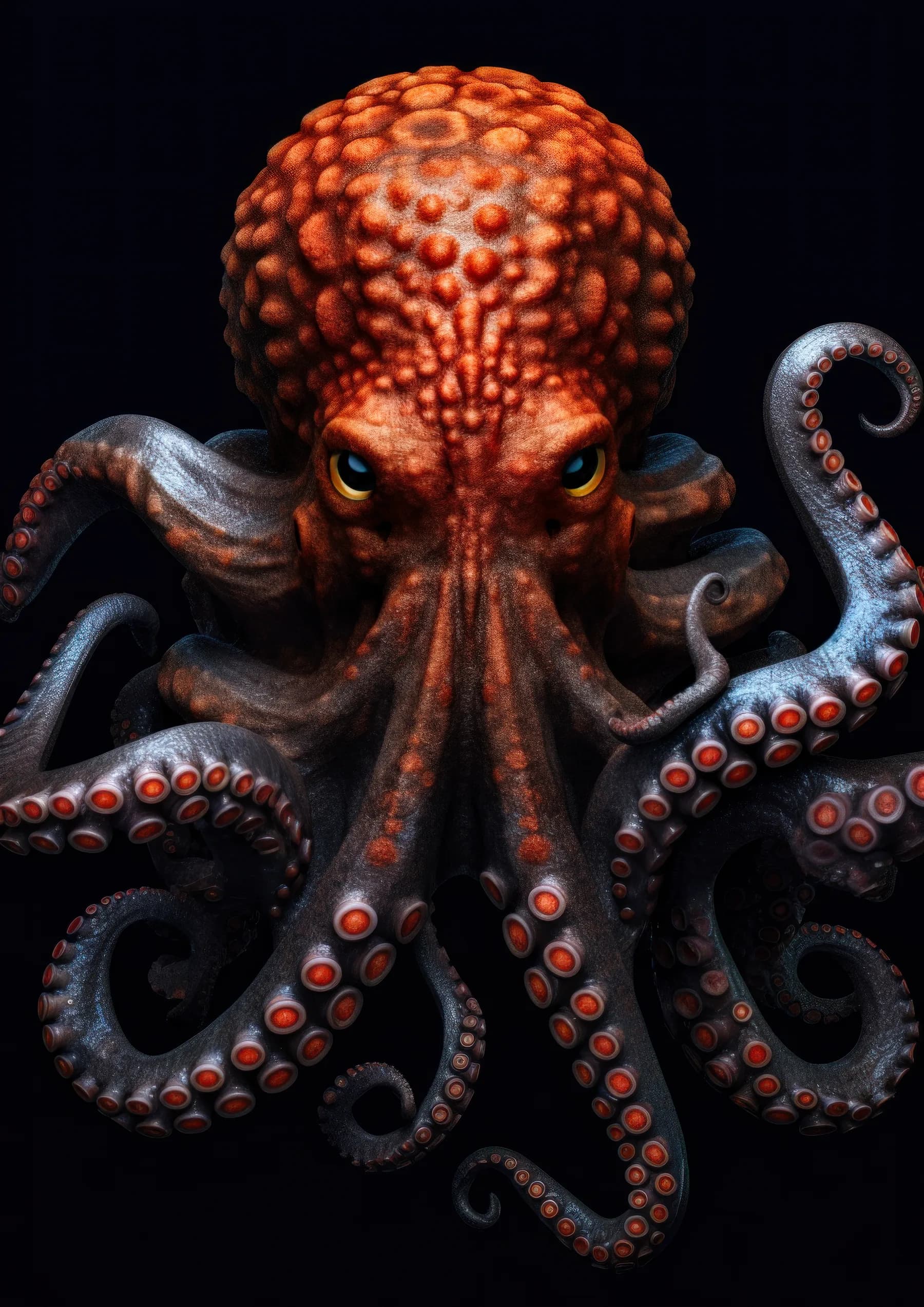 Pulpo rojo y naranja de ojos amarillos