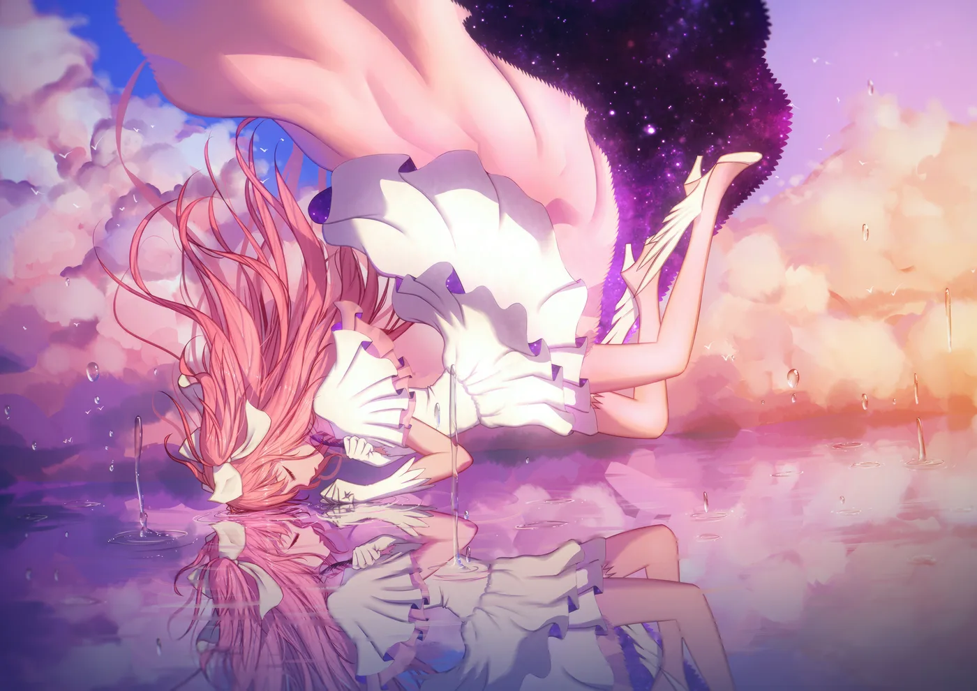 Chica Anime Cayendo entre Nubes Rosadas