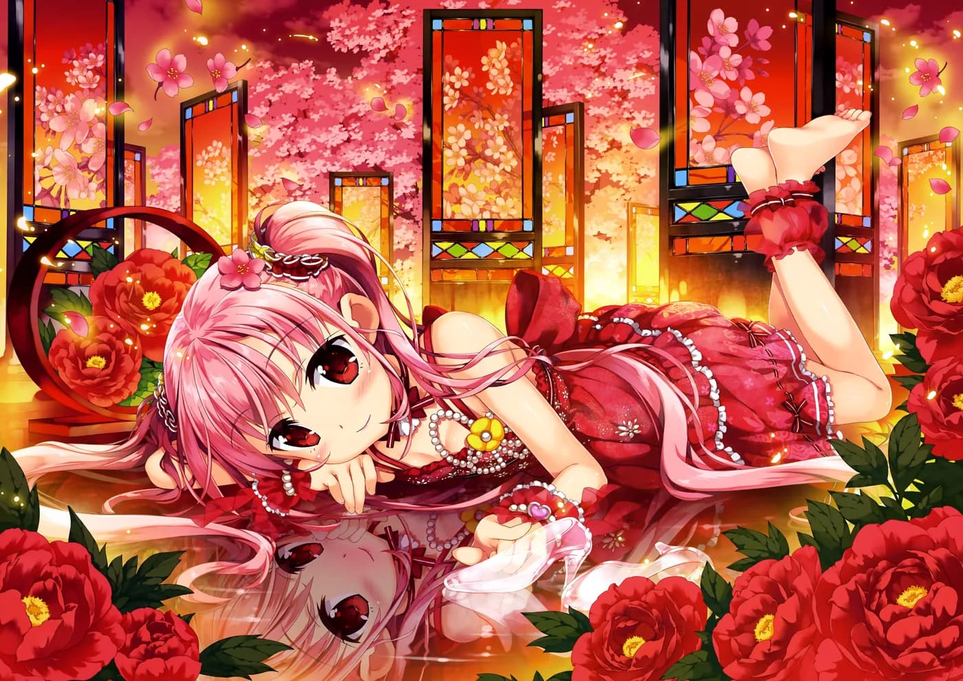 Chica Anime Vestido Rojo entre Flores