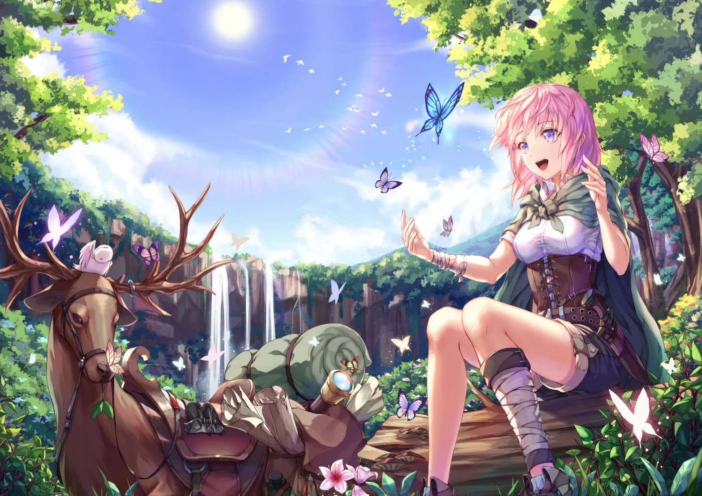 Chica Anime en Bosque Magico con Mariposas