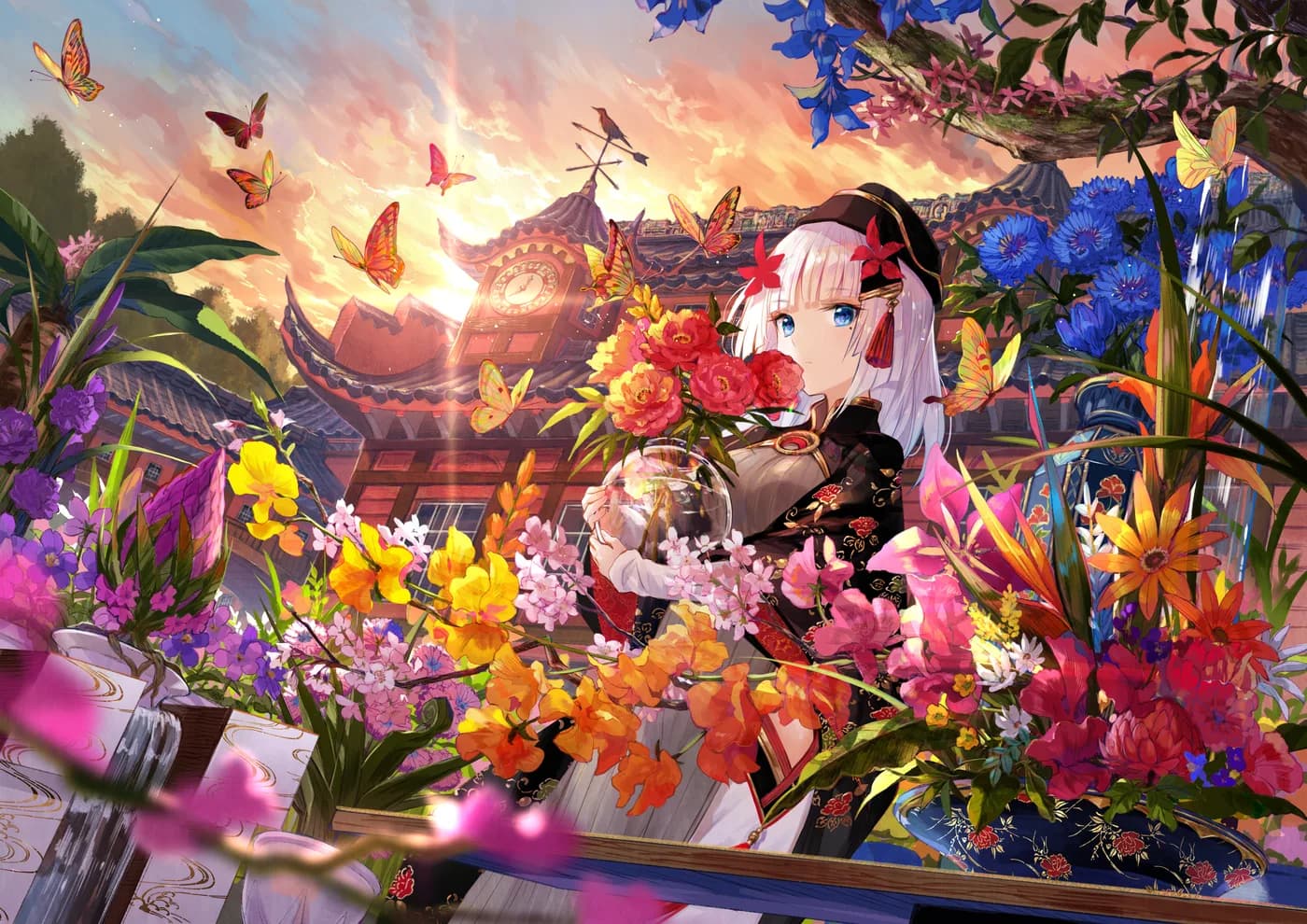 Chica Anime con Flores y Mariposas Atardecer