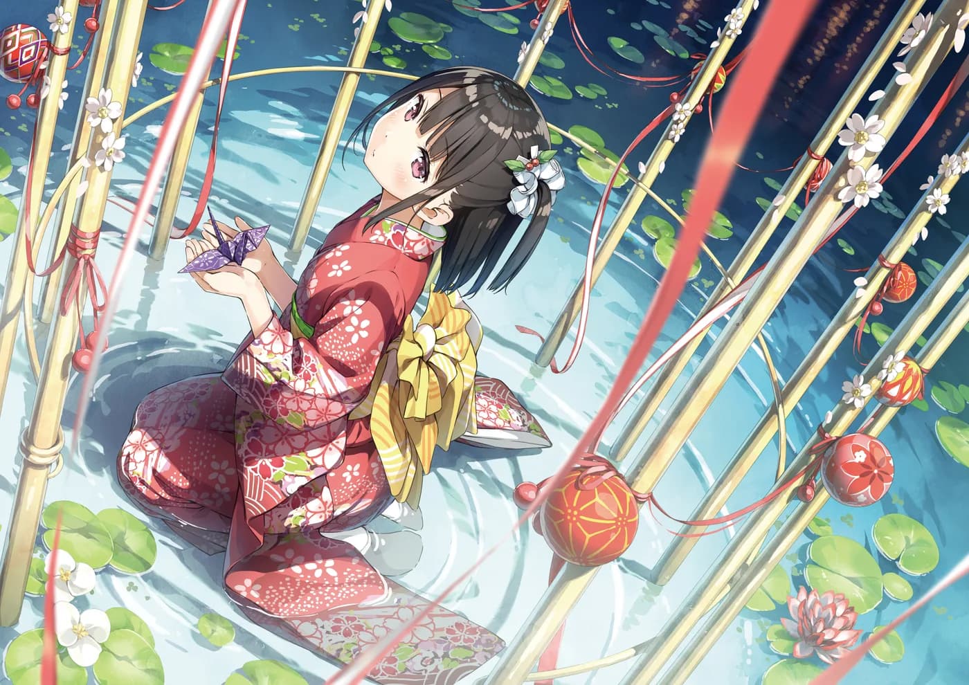 Chica Kimono con Grulla de Origami