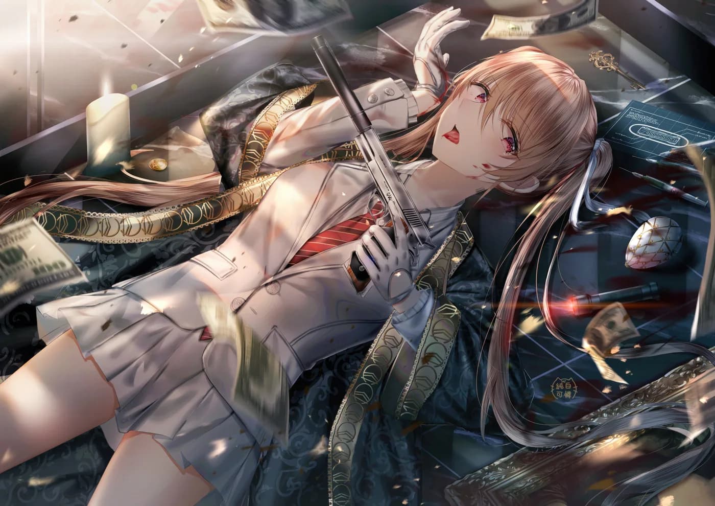 Chica Anime Femme Fatale con Arma y Dinero