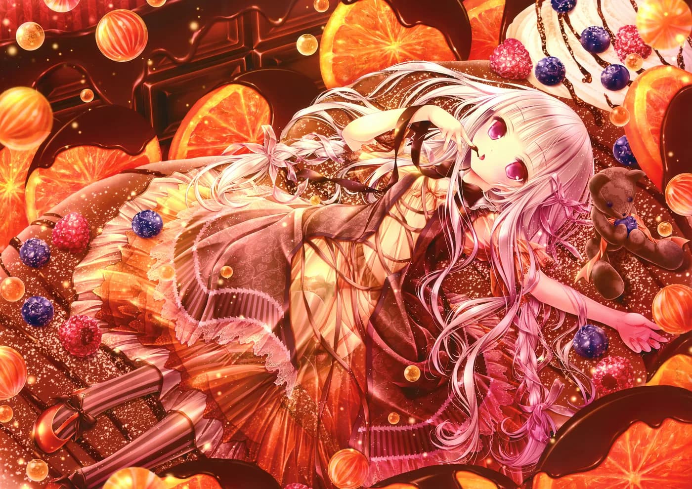 Chica Anime en Postre de Chocolate y Bayas