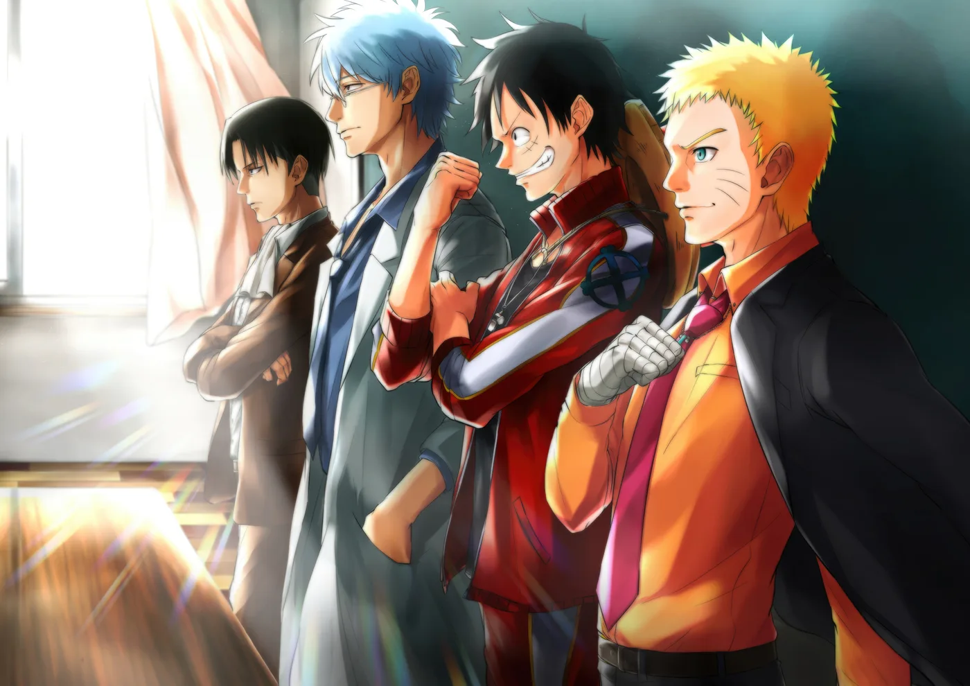 Colage Levi Luffy y Naruto Hokage