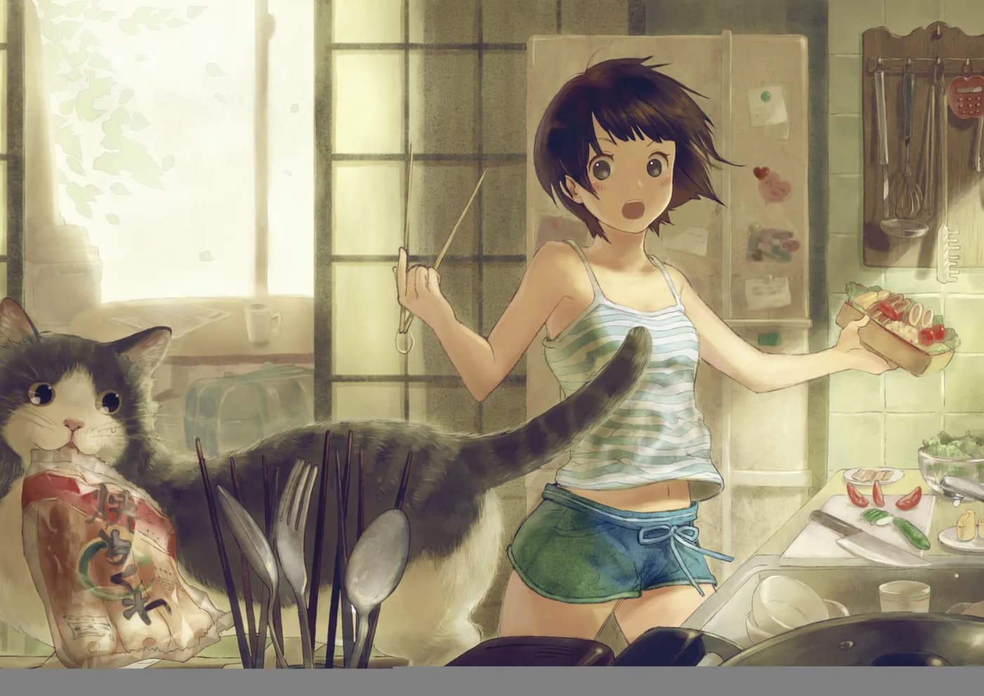 Chica Anime Cocinando con Gato