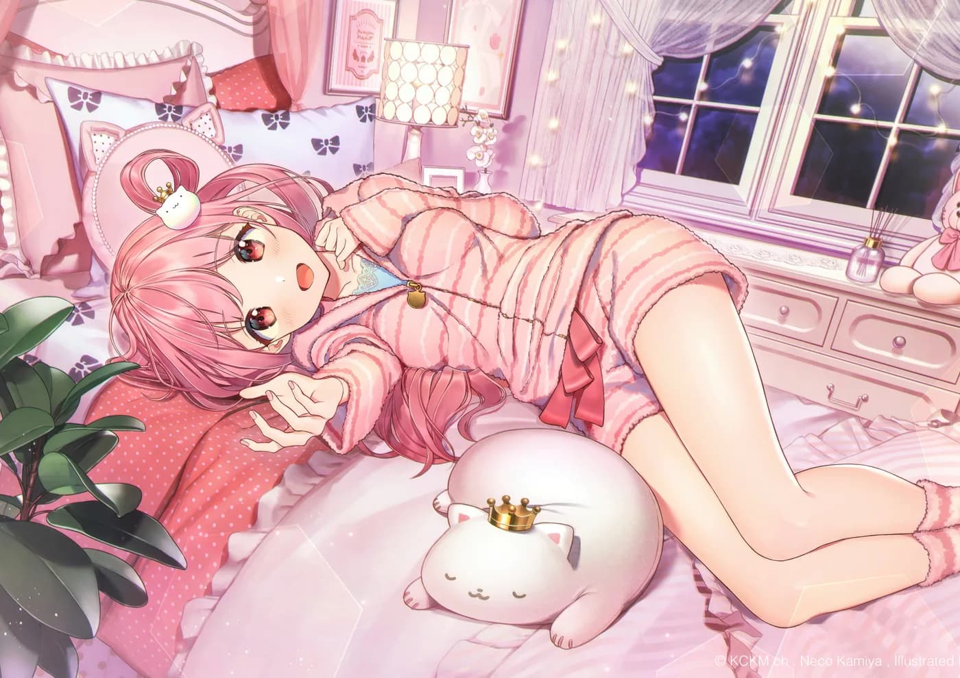 Chica Anime Rosa Pijama y Gatito Peluche