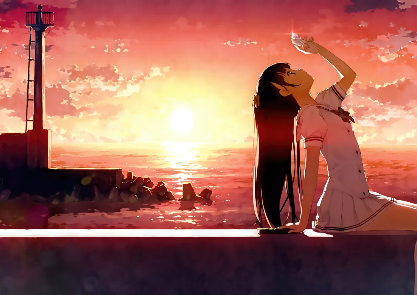 Chica Anime Contemplando el Atardecer en el Mar