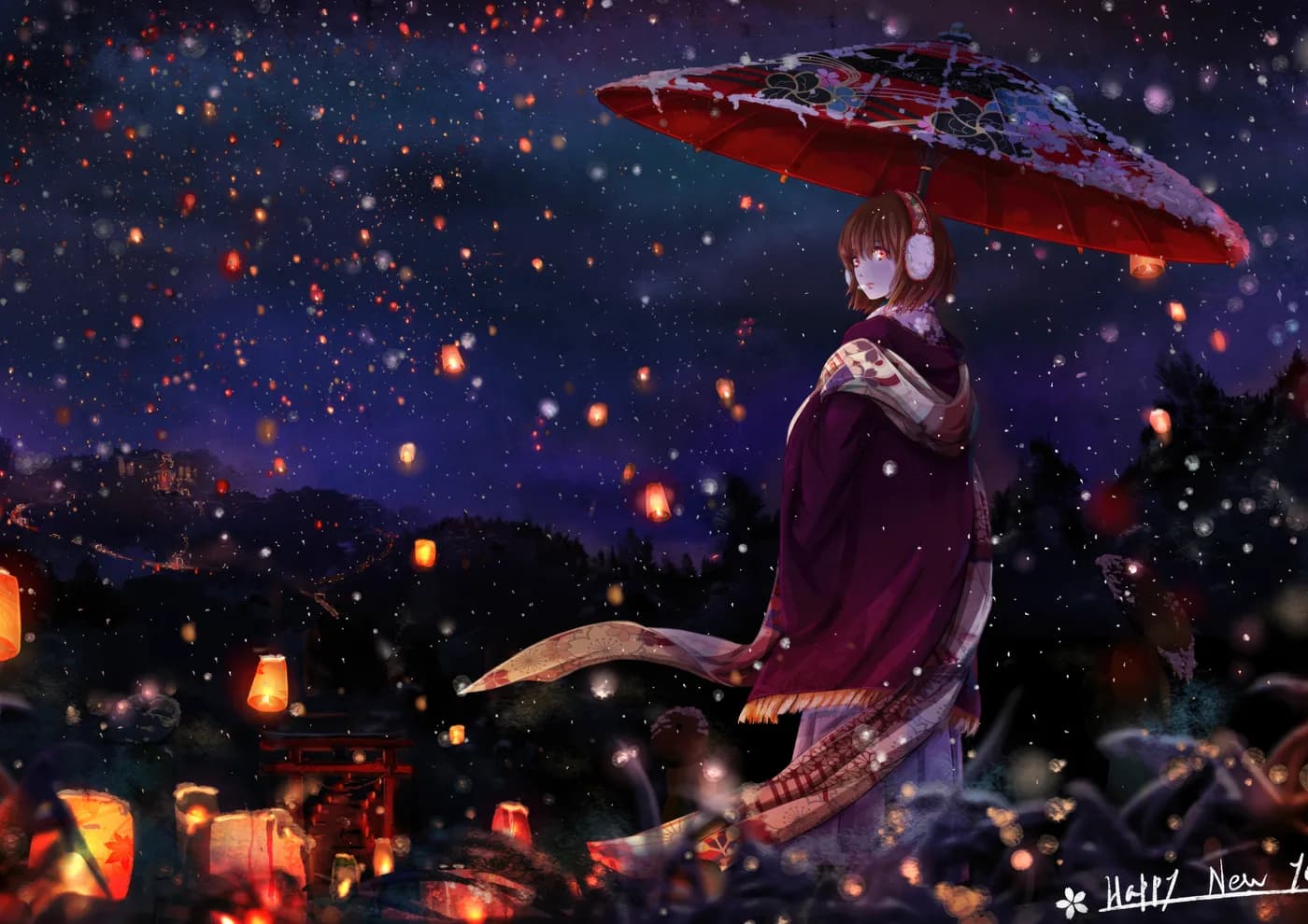 Chica en Kimono con Sombrilla Año Nuevo