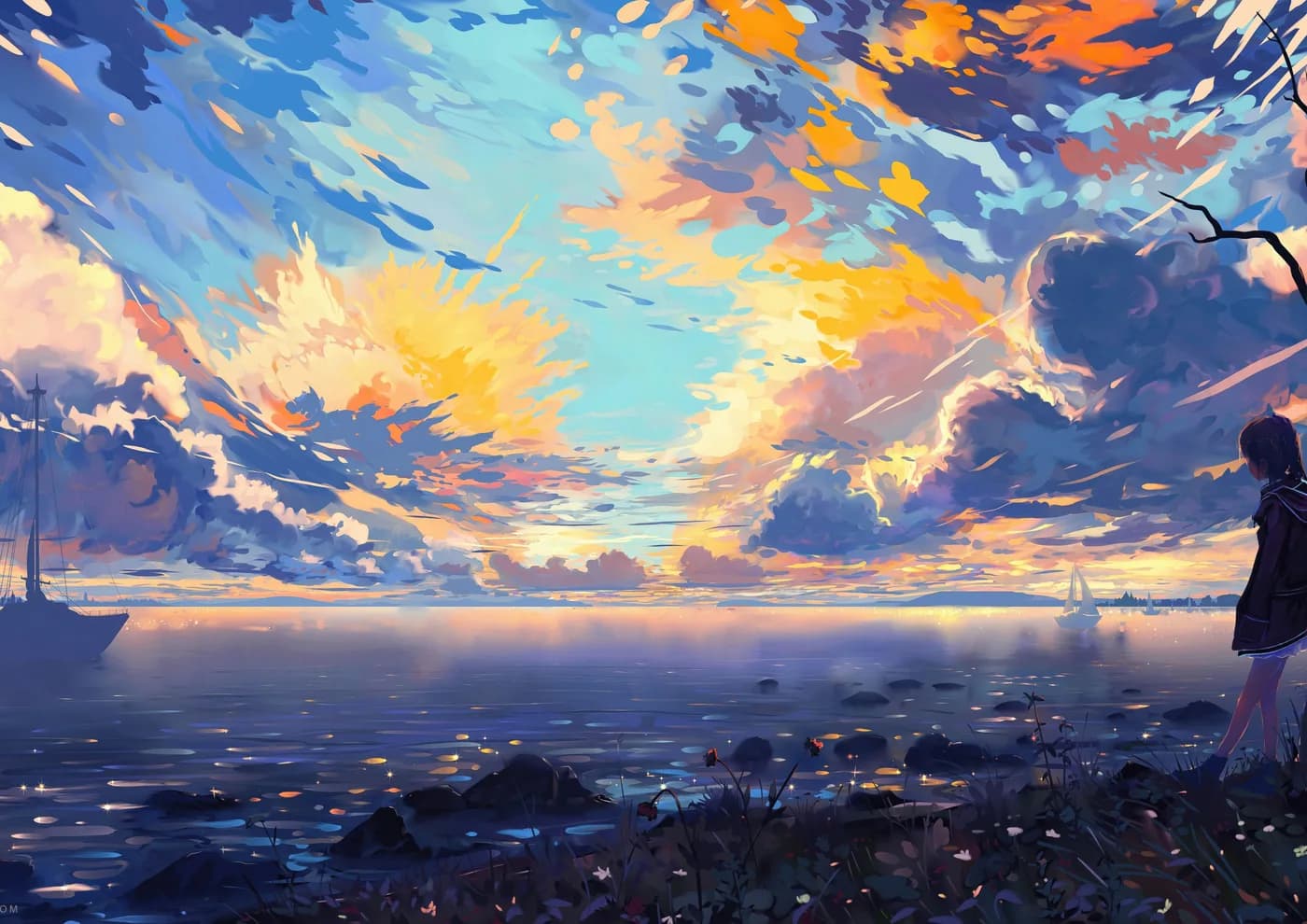 Paisaje Anime con Veleros y Atardecer