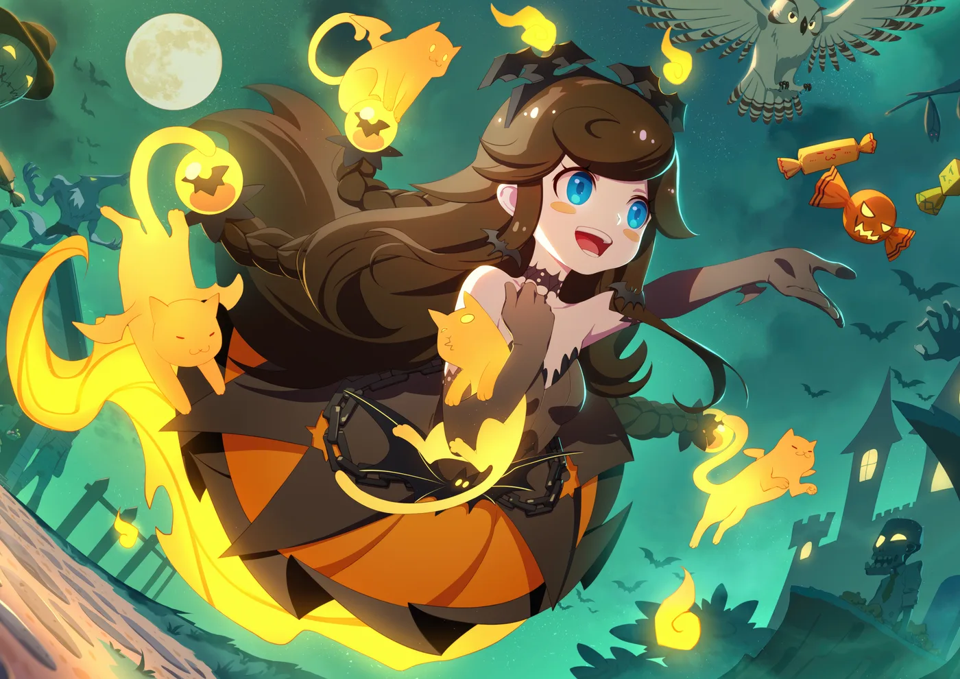 Bruja Anime con Gatos y Calabazas Halloween