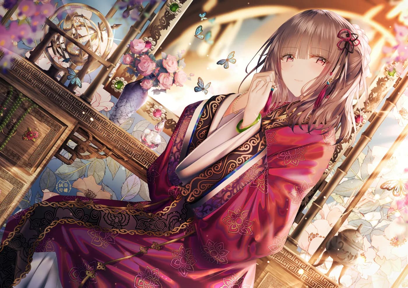 Chica en Hanfu Rojo con Mariposas