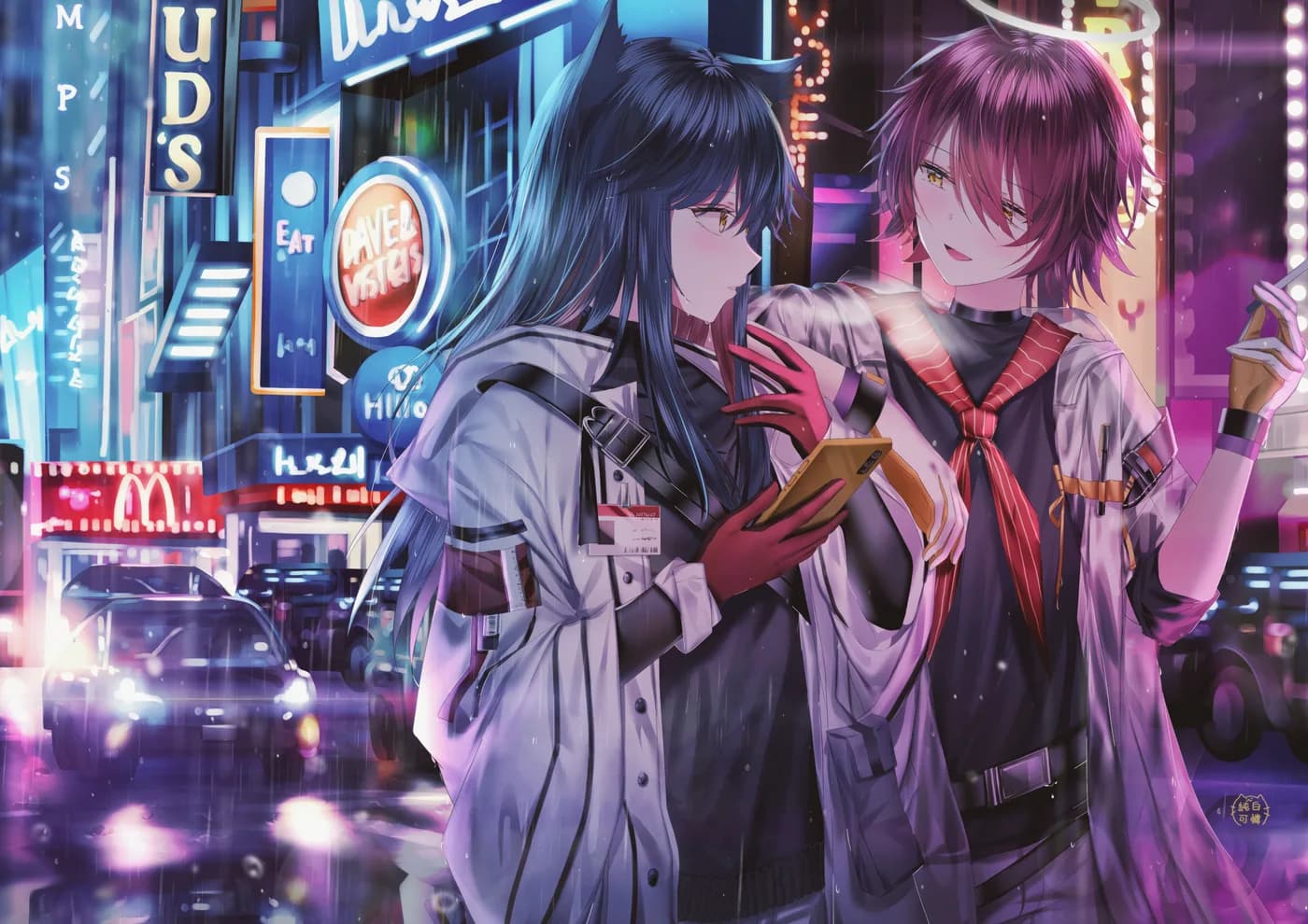 Pareja Anime en Ciudad Cyberpunk Lluviosa