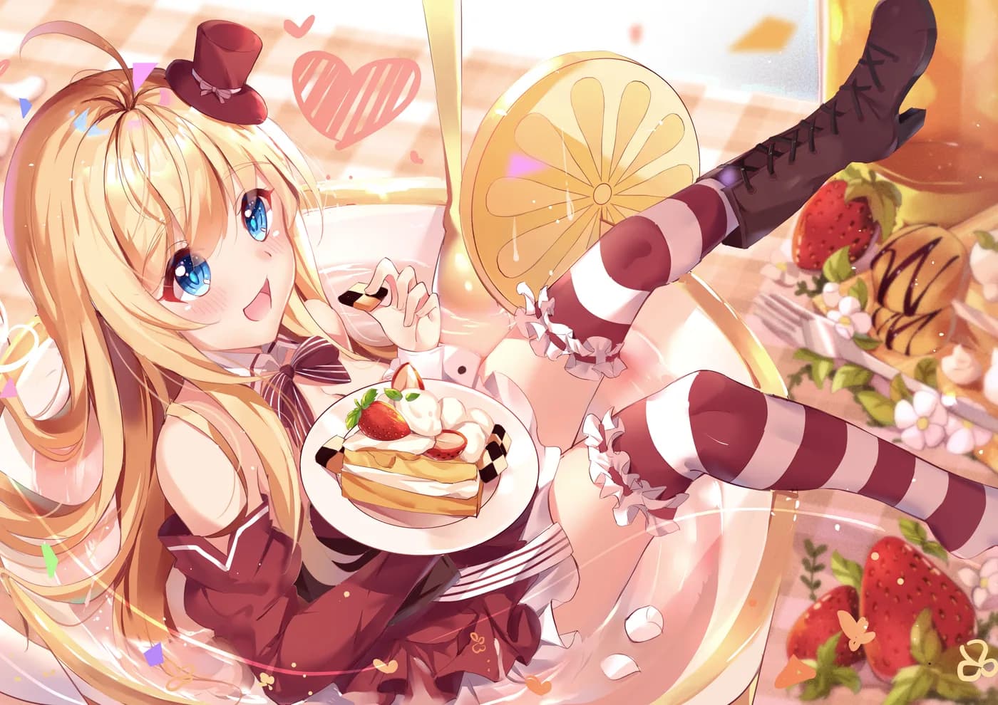 Chica Anime Comiendo Pastel con Fresas