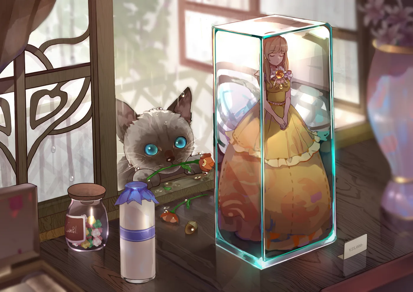Chica en Caja de Cristal con Gato Curioso
