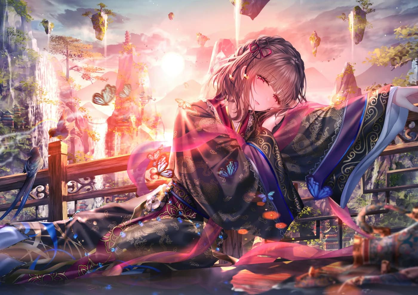 Chica en Kimono con Dragon Bordado Fantasia