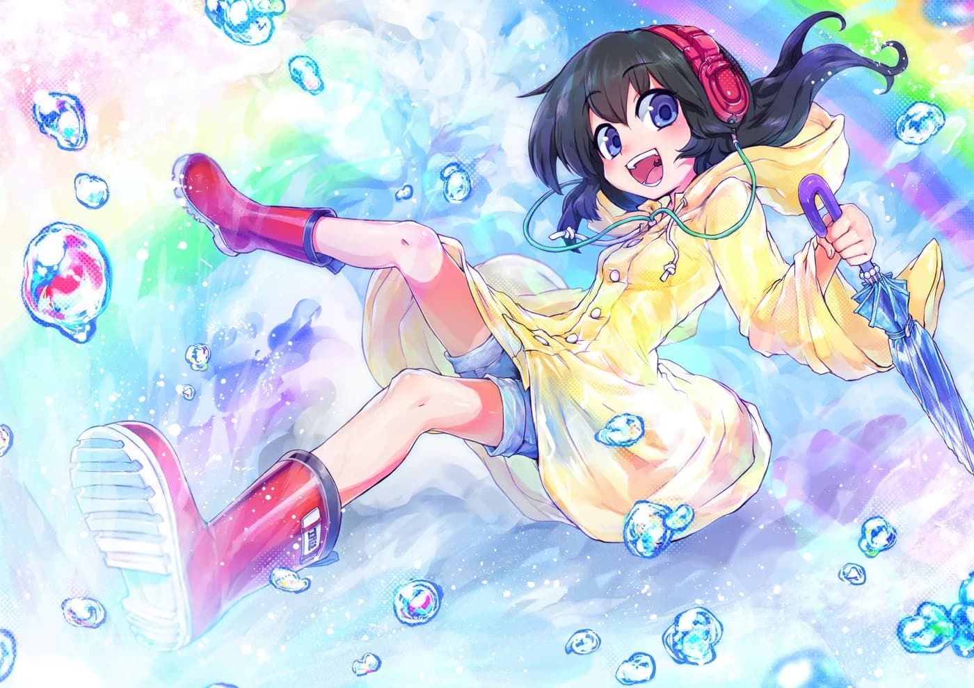 Chica Anime con Sombrilla y Burbujas Lluvia