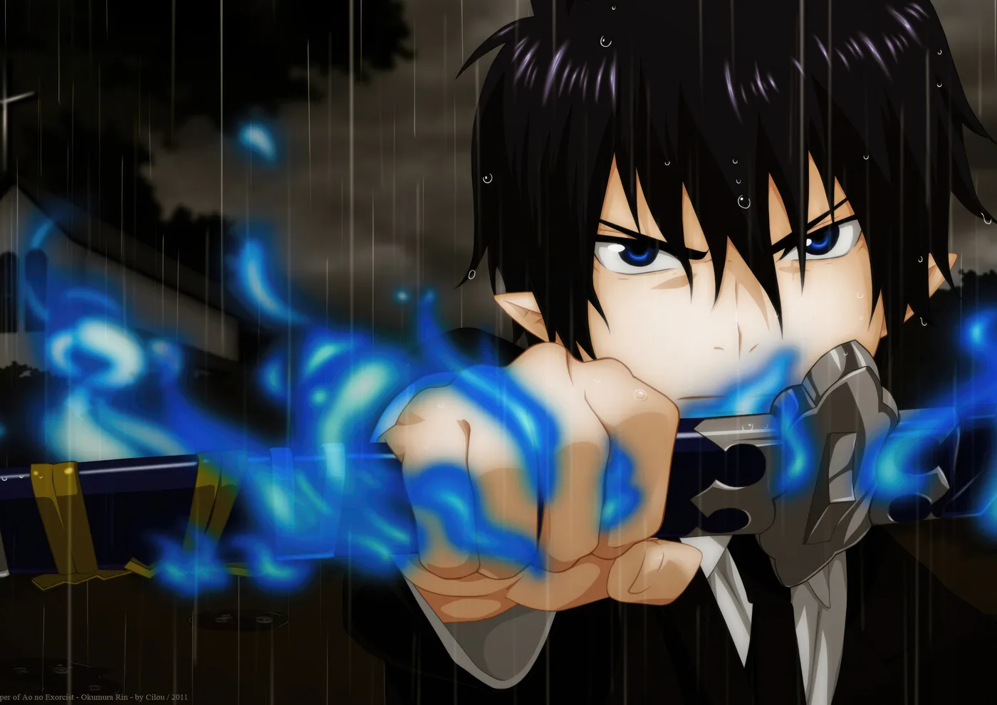 Rin Okumura Puno de Llama Azul en Lluvia