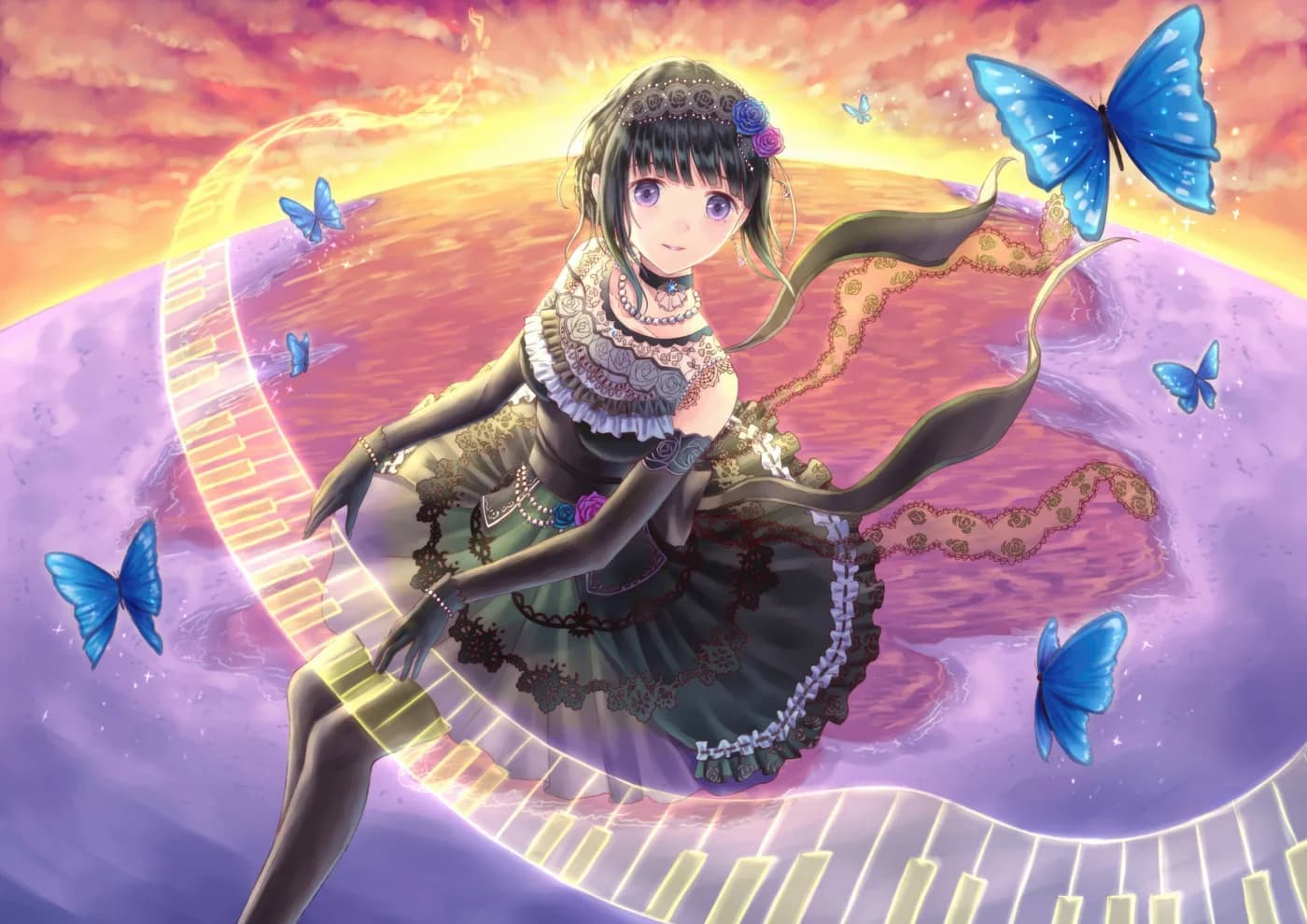 Chica BanG Dream con Piano y Mariposas Azules