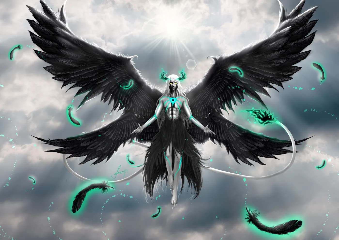 Angel Oscuro Alas Negras Cielo Nublado