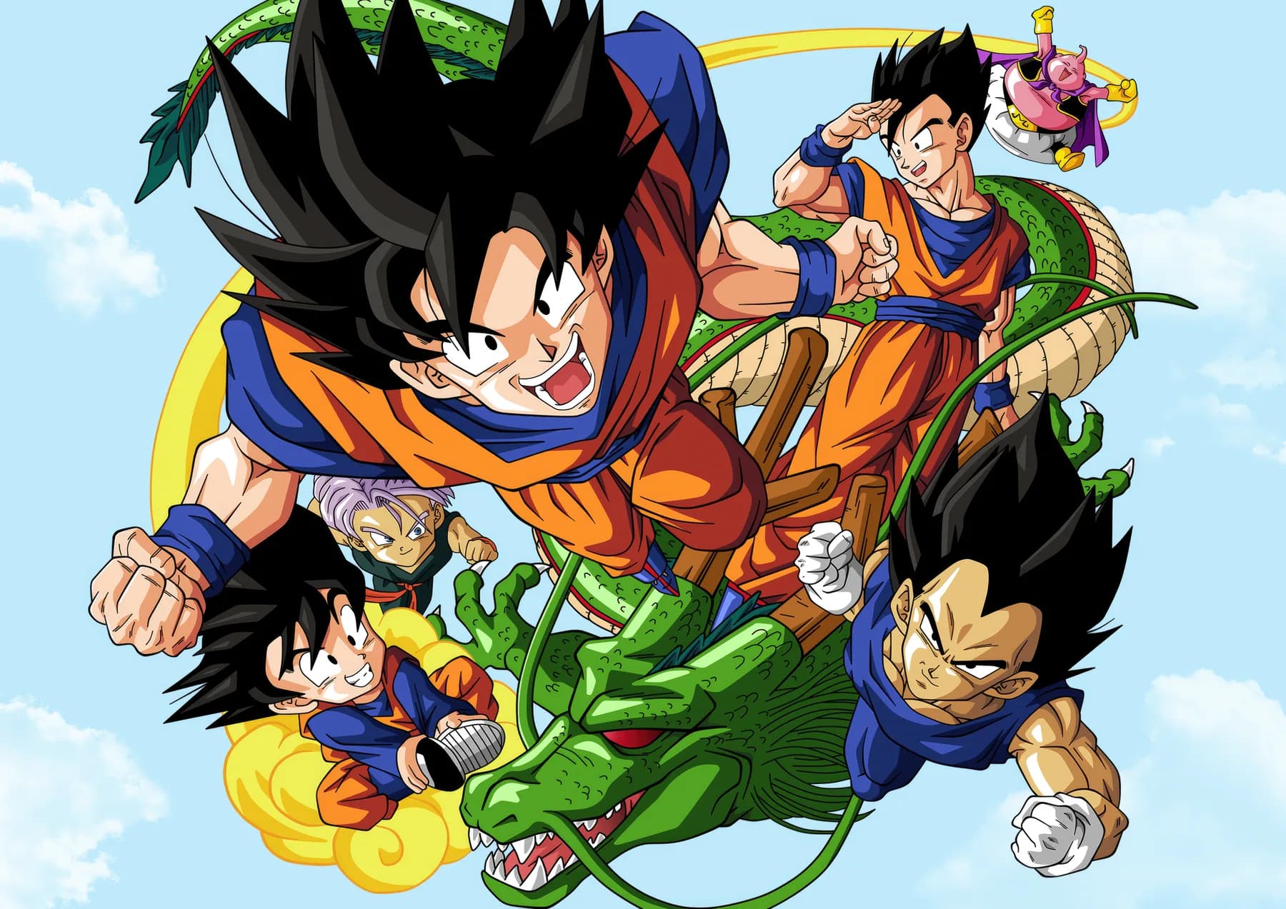 Goku Gohan Vegeta Volando en Shenron con Buu