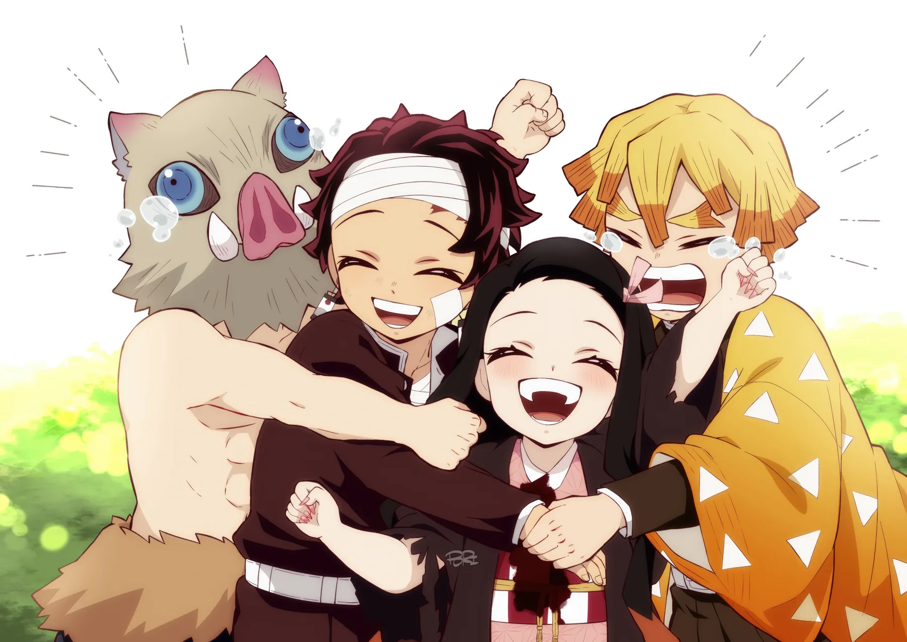 Tanjiro Nezuko Zenitsu e Inosuke Abrazo Grupal