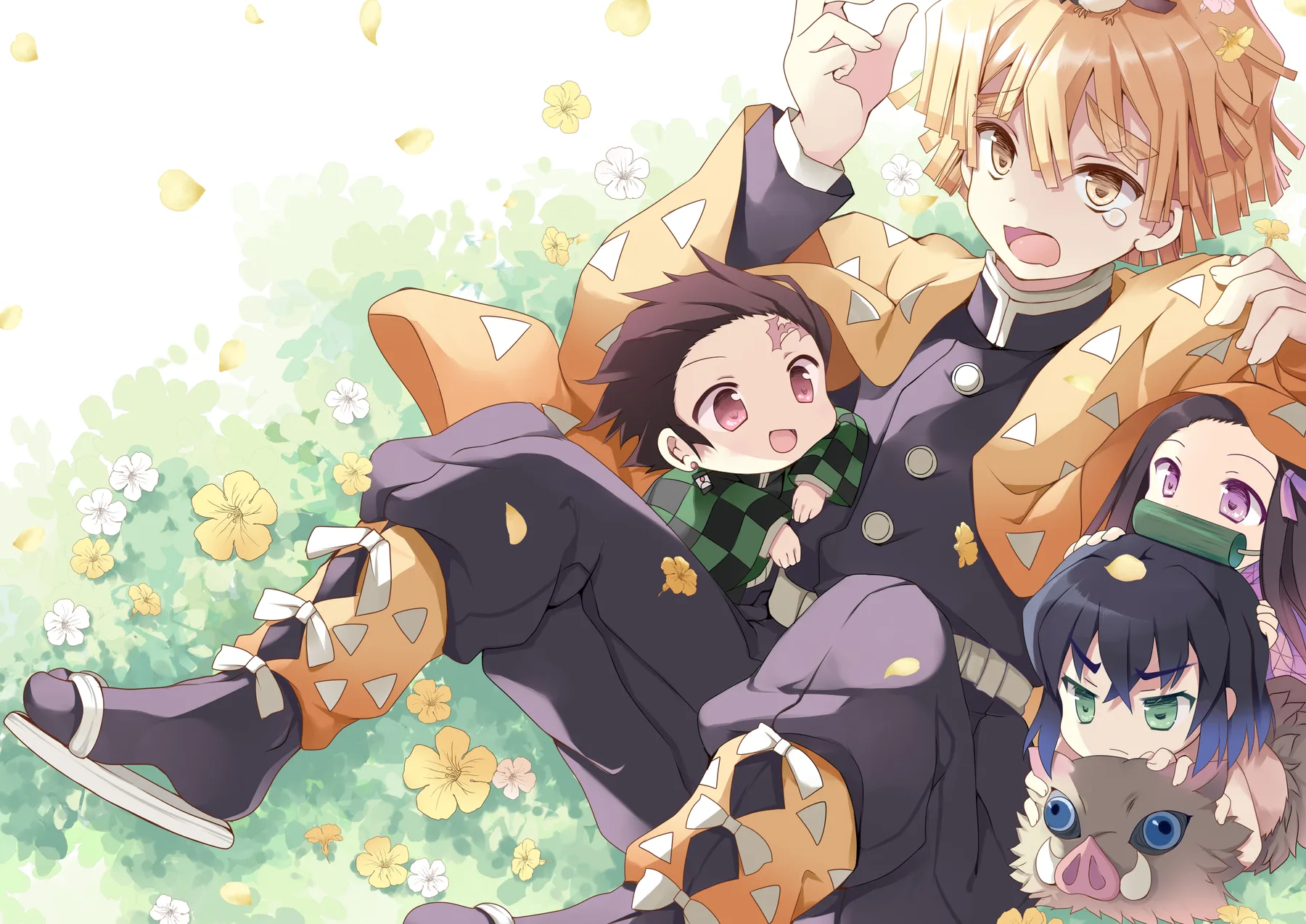 Tanjiro Bebé con Zenitsu Nezuko e Inosuke Flores