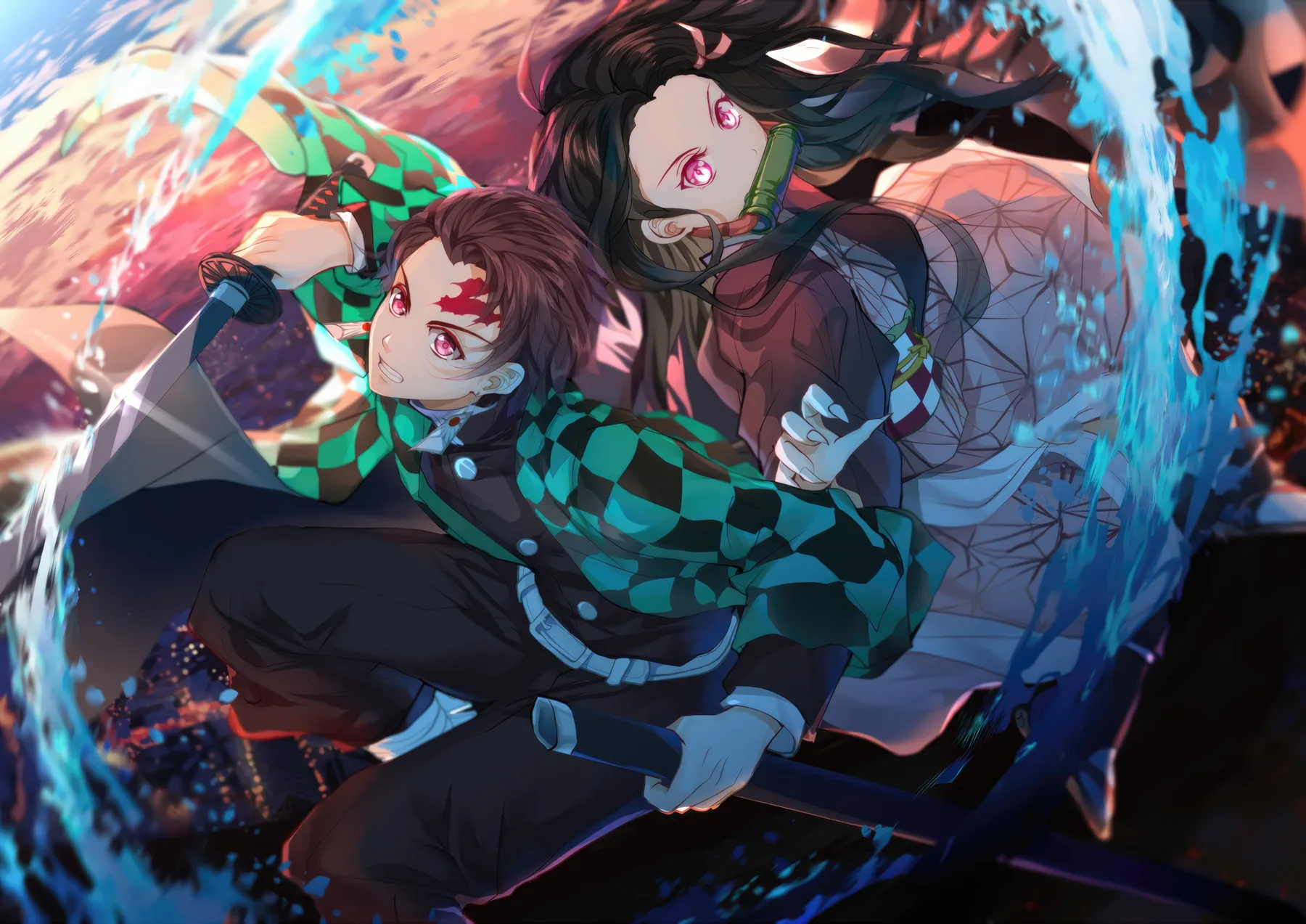 Tanjiro y Nezuko Retrato Atardecer